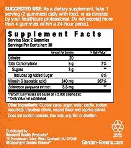 Garden Greens Garden Greens Immune Gummies with Vitamin C and Echinacea, Daily Immune Support, Orange Flavor, 60 Gummies, 30 Servings