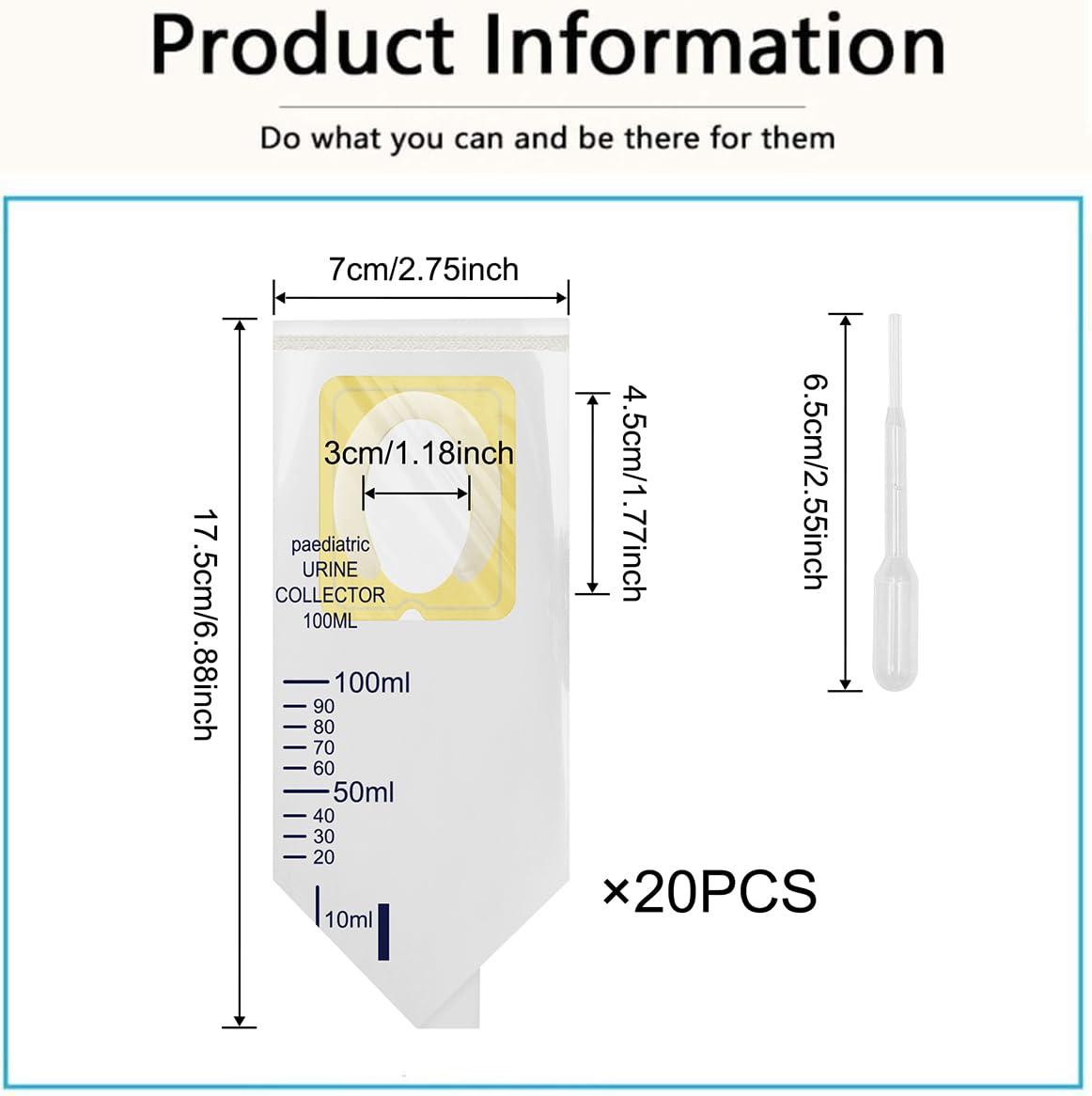 Yeustkony 20 PCS Pediatric Urine Bag Collectors, Disposable Baby Clear Catcher Pouch Individually Pee Bags Spill Proof Baby Urine with Adhesive Surface for Kids Urine Collection