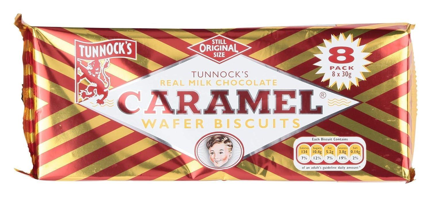 Tunnock's Tunnocks Milk Chocolate Caramel Wafer Biscuit 8 Pack 30g (Pack of 4)