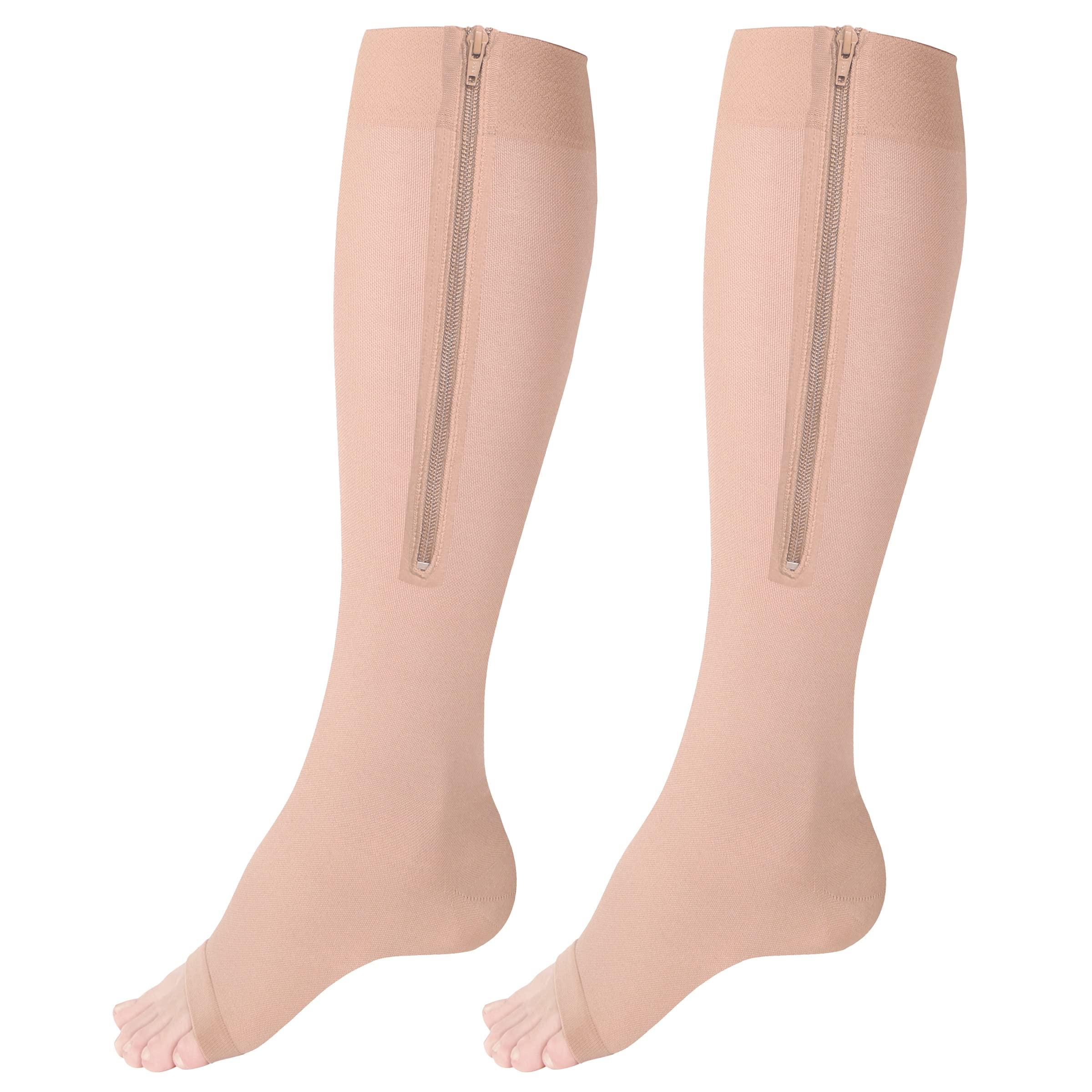 Truform Truform Zipper Compression Stockings, 15-20 mmHg Medical Socks, Women and Men, Knee High, Open Toe, Beige, Medium