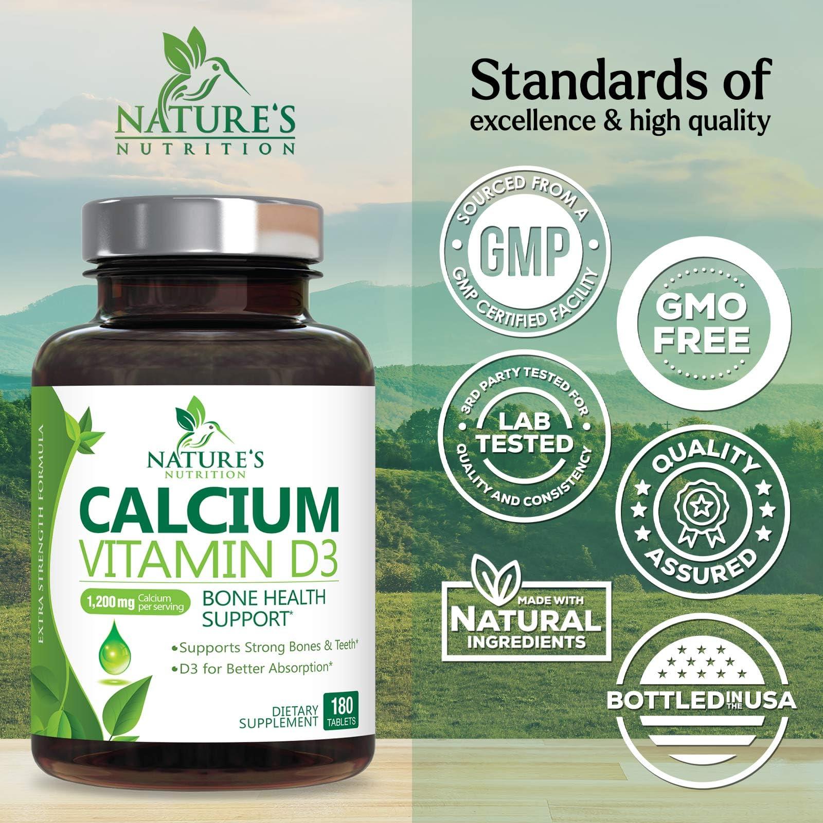 Nature's Nutrition Calcium 1200 mg with Vitamin D3, Calcium Supplement Vitamins, Supports Bone Strength, Teeth & Immune System, Calcium Supplements for Women & Men, Nature\'s Absorbable Calcium Carbonate - 180 Tablets