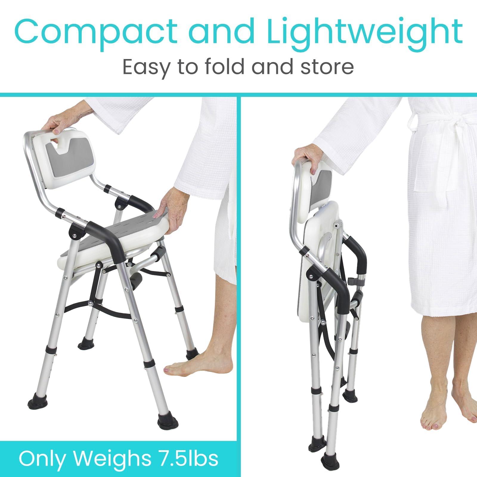 Vive Vive Shower Chair For Elderly And Disabled - Folding Seat With Arms And Back - Foldable Bathroom Chairs For Sitting, Inside Shower - Portable For Travel - Fold Down, Collapsible, Compact & Comfortable