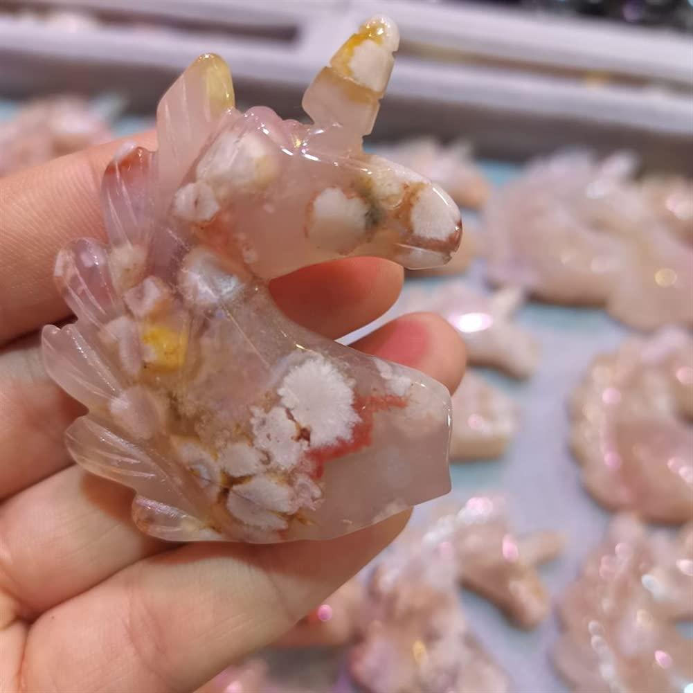WGPHD WGPHD Health & Household 1PCS Natural Hand Carved Sakura Agate Unicorn Folk Crafts Crystal Animal for Decoration