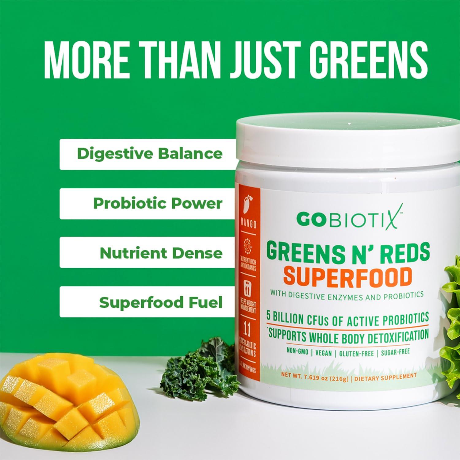 GOBIOTIX GOBIOTIX Super Greens and Reds Powder - Red and Green Superfood - Probiotic Supplement - Digestive Enzymes and Beet Root Powder - Organic Whole Foods Dietary Supplement (Mango, 1 Pack)