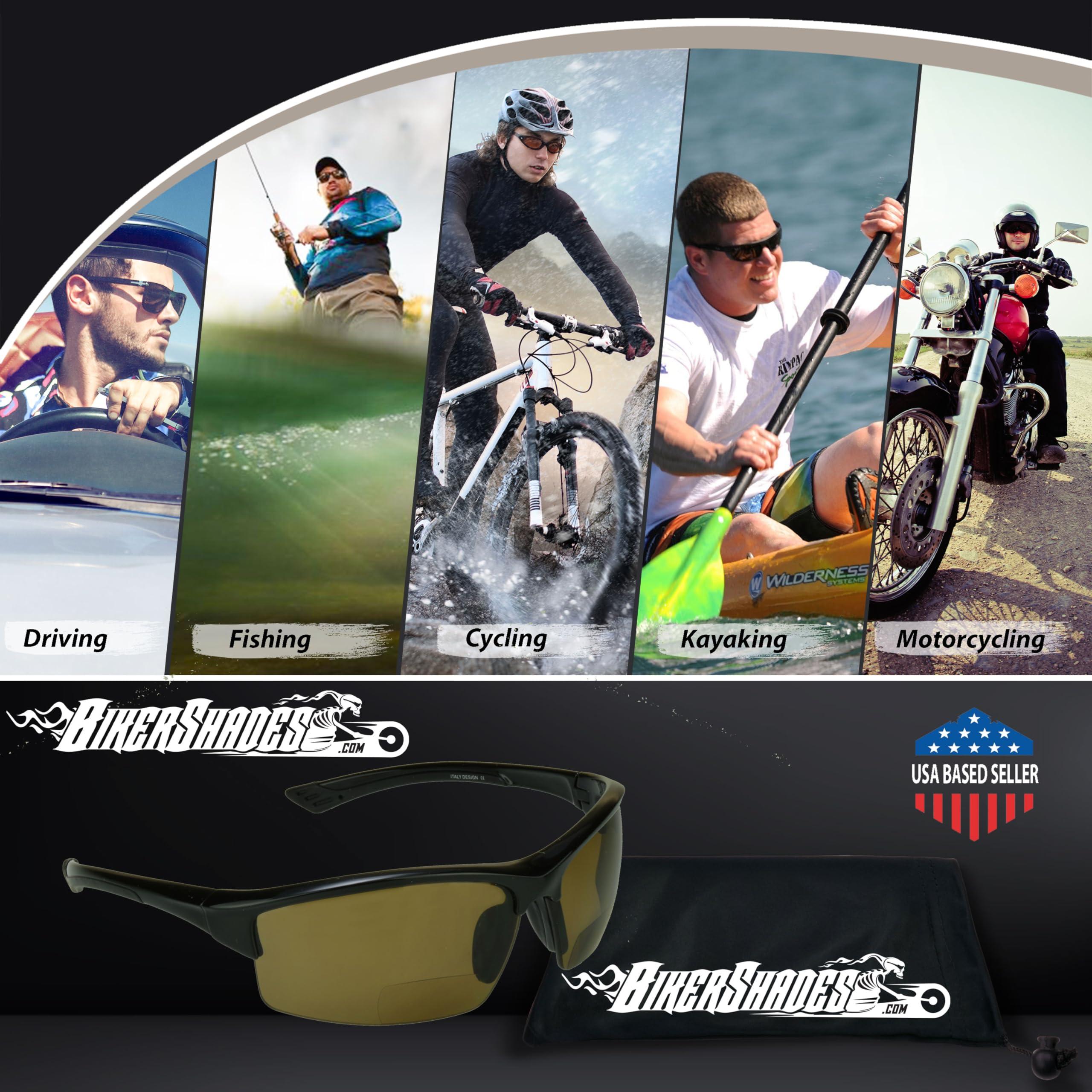 Bikershades Biker Armour Polarized Bifocal +1.50 Reading Sunglasses Wrap Around Sport TR90 Black Frame Brown Lens