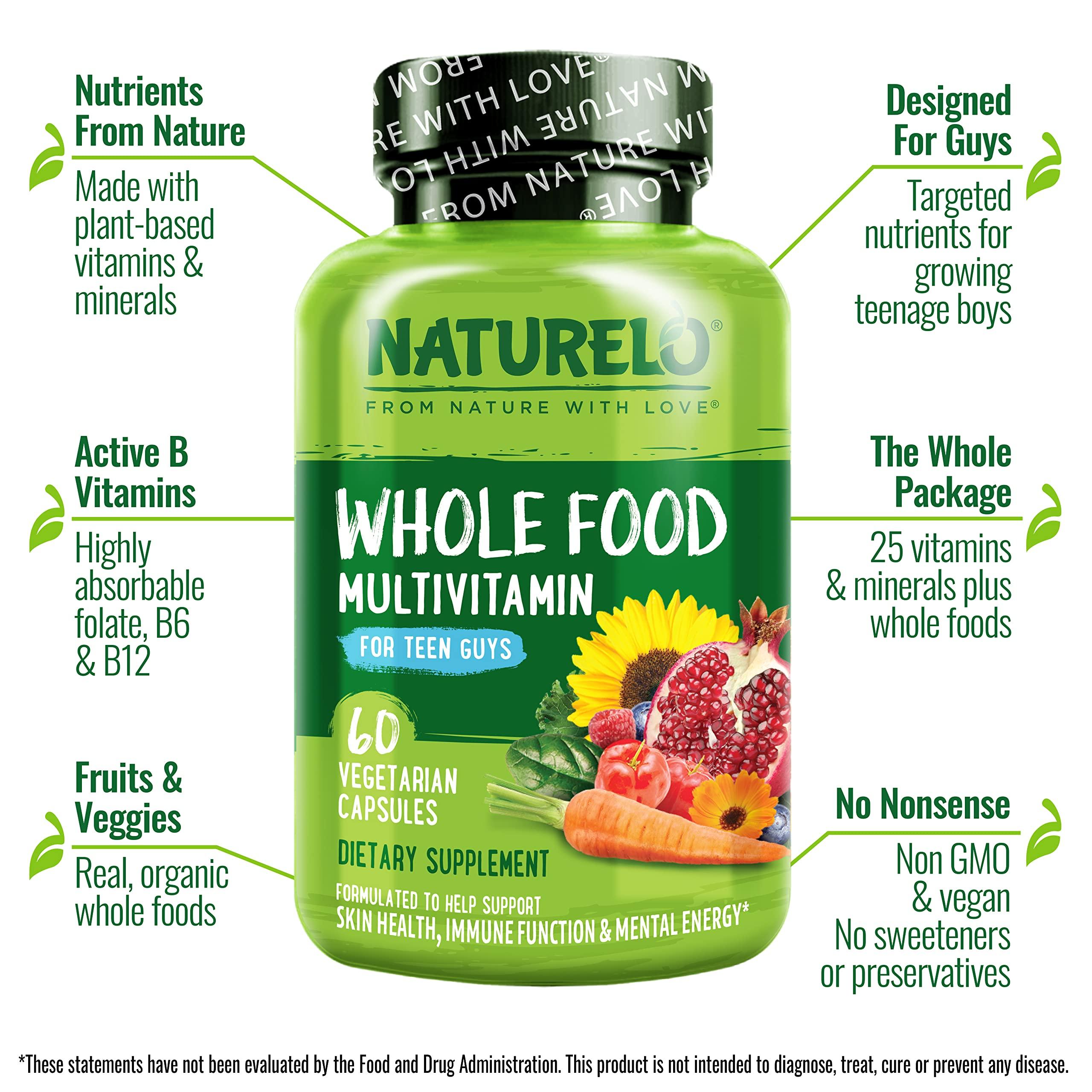 NATURELO NATURELO Whole Food Multivitamin for Teenage Boys - Vitamins and Minerals Supplement for Active Kids - with Plant Extracts - Non-GMO - Vegan & Vegetarian - 60 Capsules