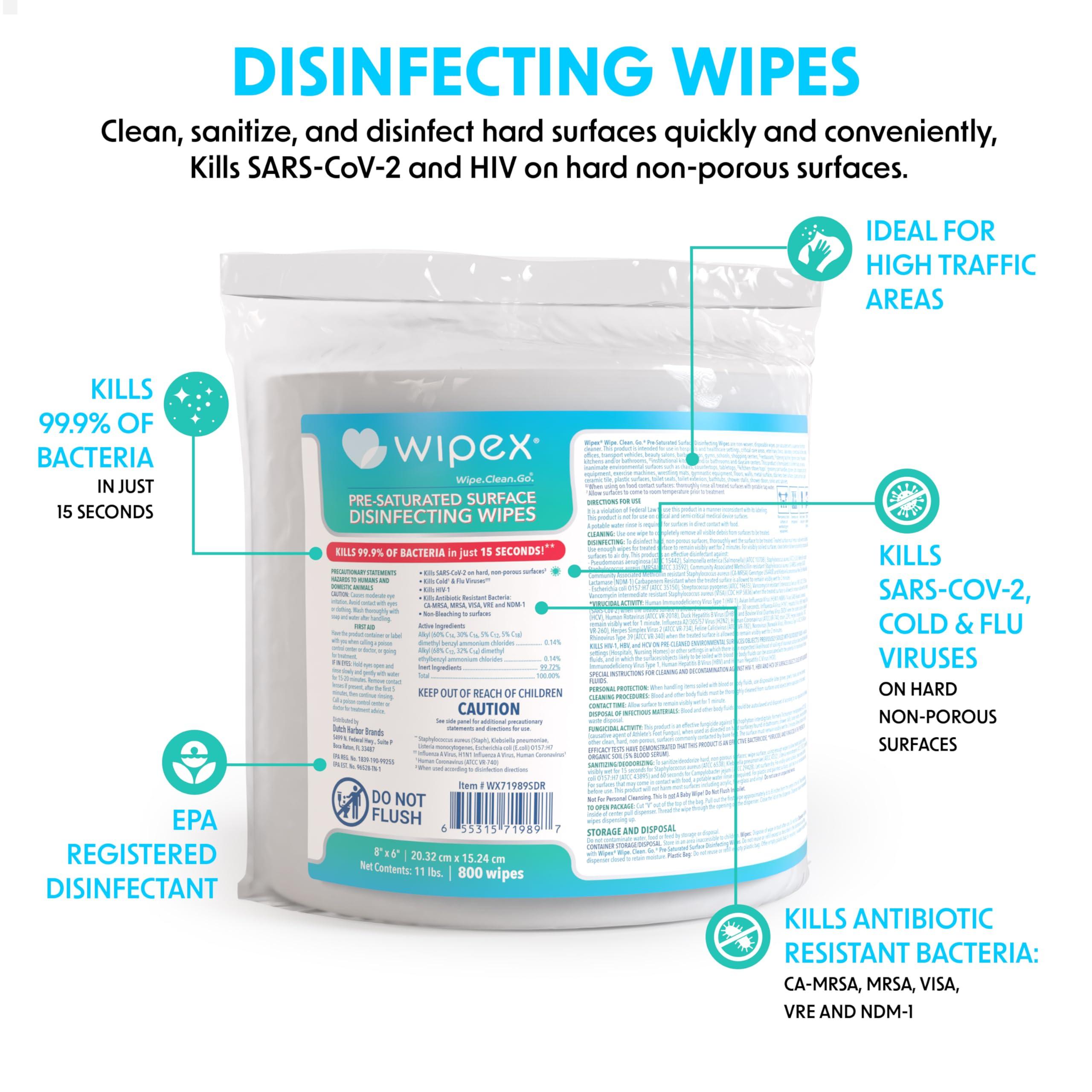 Wipex Wipex Gym Wipes Antibacterial Refills - EPA Registered Bulk Size Disinfecting Cleaning Wipes for Dispensers, Safely Kill Viruses and Bacteria in 15 Seconds, Sanitize Fitness & Gym Equipment 800 Count