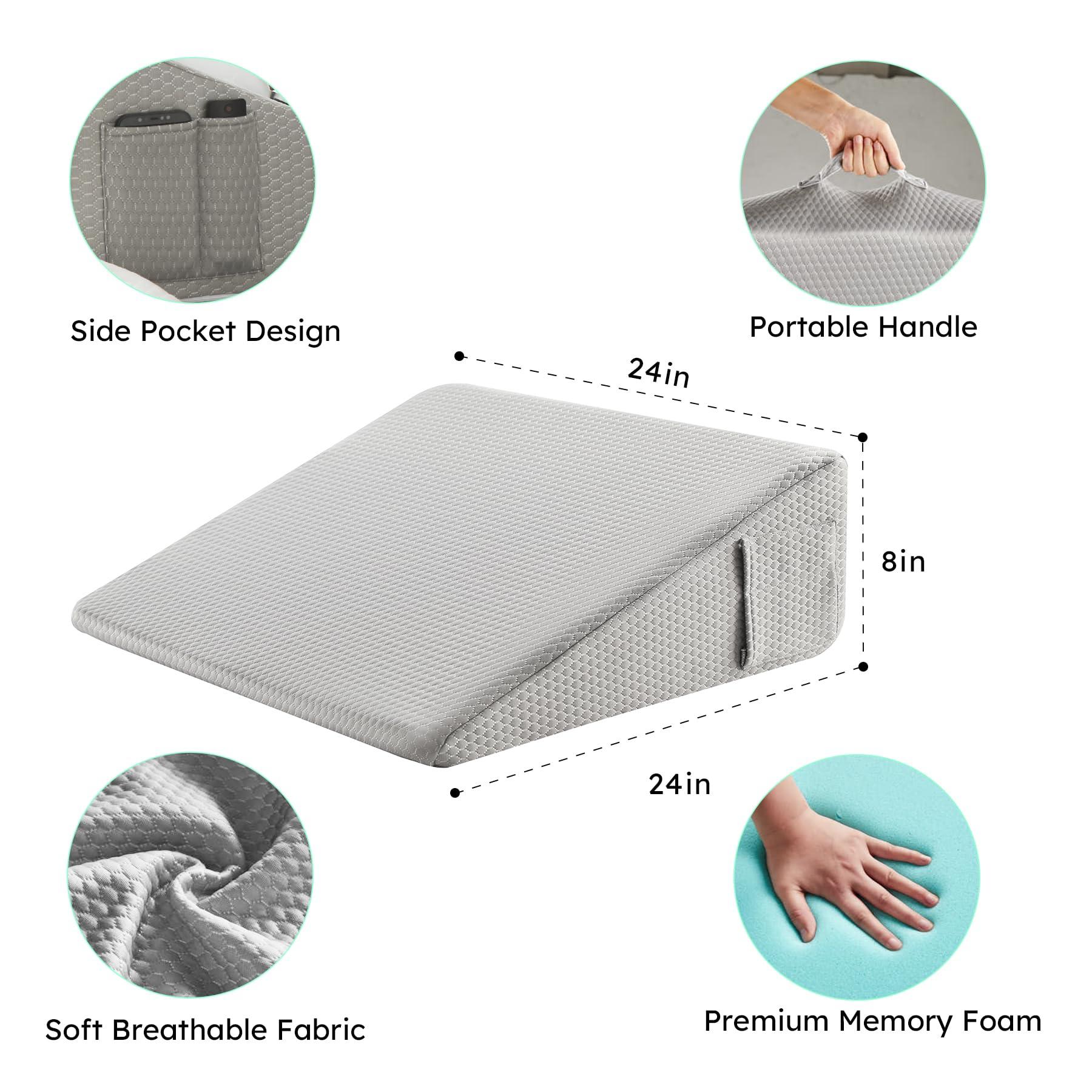 Bedluxe Bedluxe Wedge Pillow for Sleeping, 8 inch Elevated Support Bed Wedge Pillow, Breathable Triangle Pillow Wedge with Cooling Memory Foam Top - Removable Washable Cover, Grey