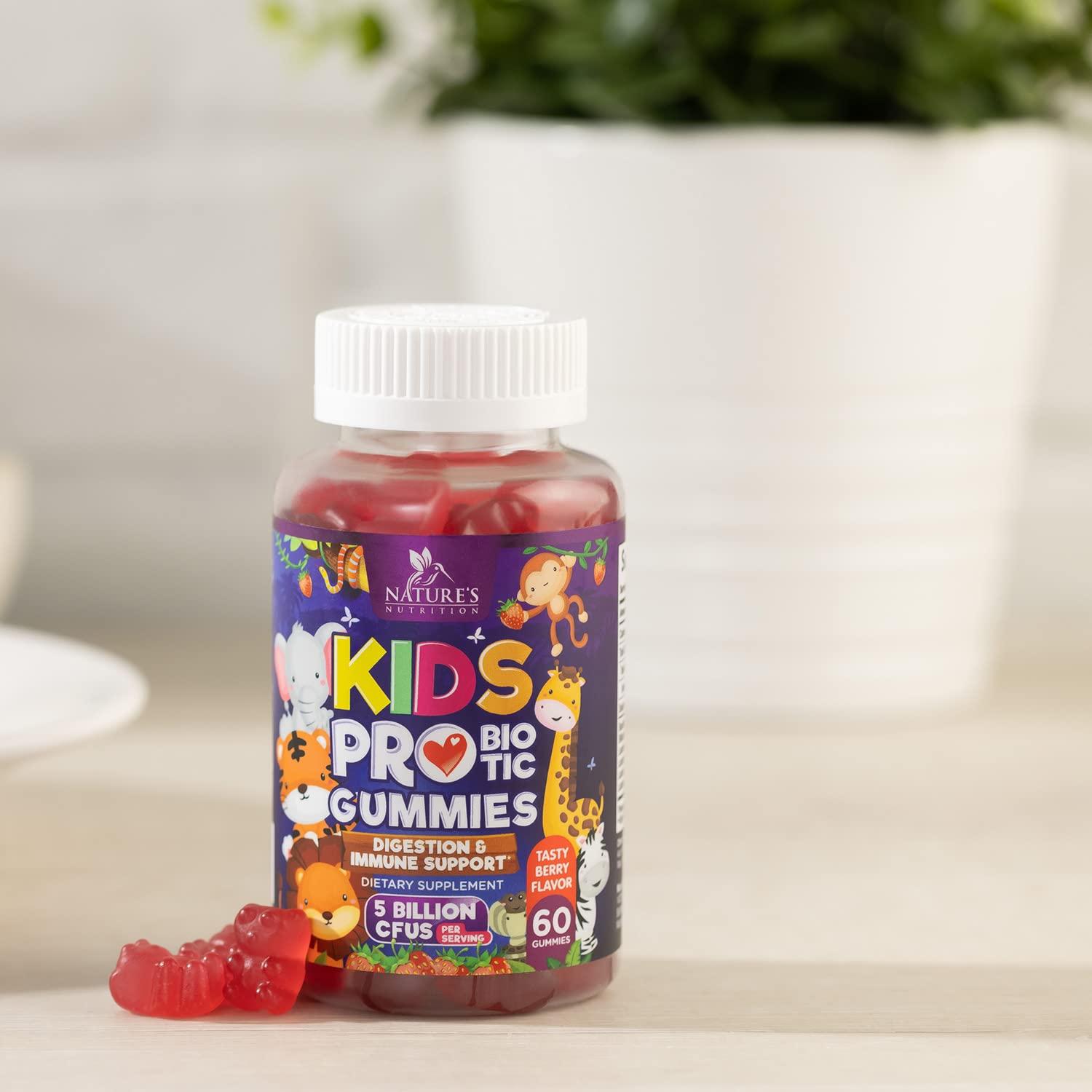 Nature's Nutrition Kids Probiotic Gummies - Chewable Daily Probiotics for Kids Ages 3+ - Natural Digestive Health & Immune Support Vitamin - Vegan, Gluten Soy & Dairy Free, Berry Flavored, Shelf Stable - 60 Gummies
