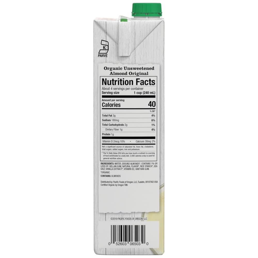 Pacific Foods Pacific Foods Organic Unsweetened Almond Milk, Plant Based Milk, 32 oz Carton (Pack of 2)