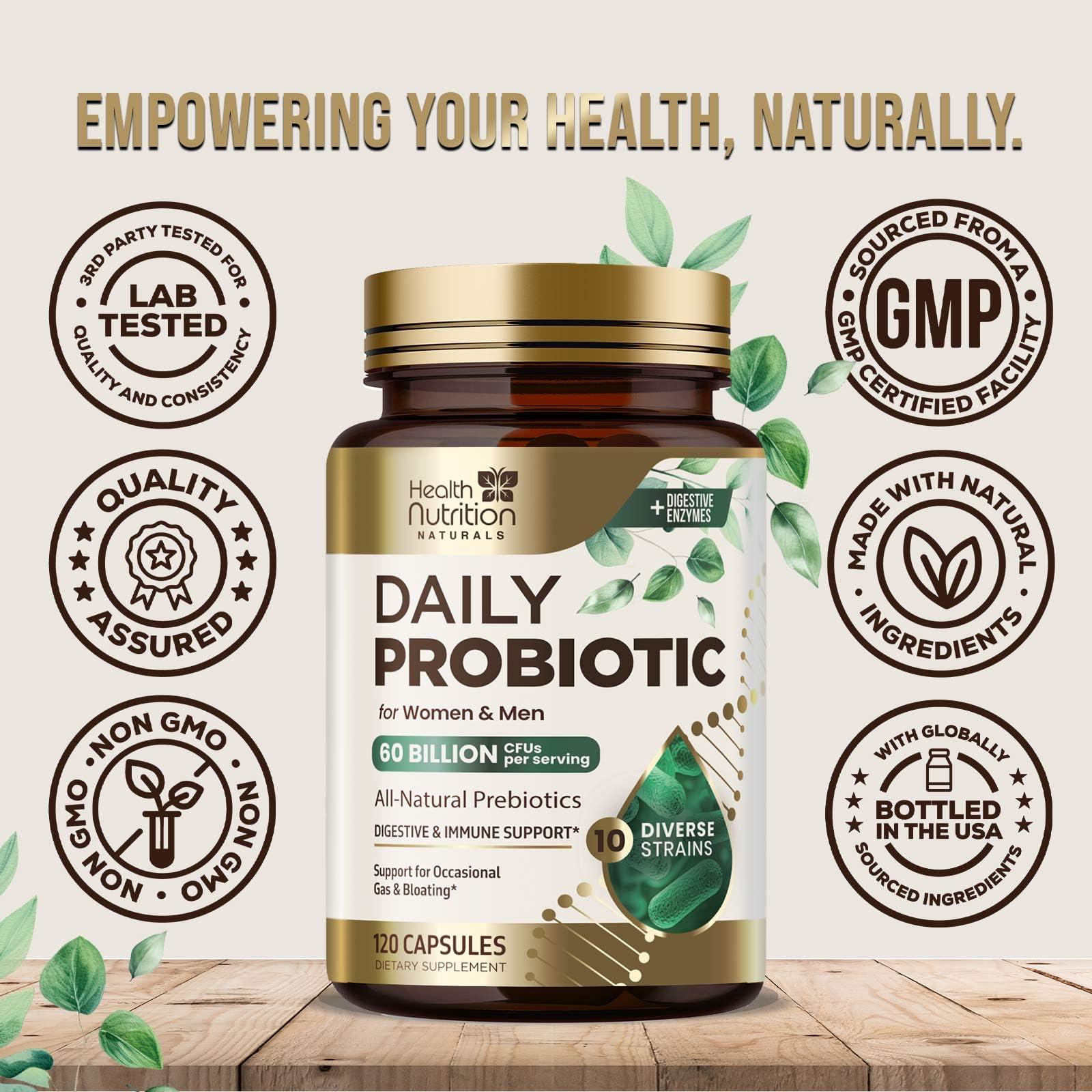 Health Nutrition Naturals Daily Probiotic and Acidophilus Prebiotics Supplement 60 Billion CFU Capsule for Women & Men - 10 Strains Plus Digestive Enzymes - for Bloating Gas & Gut & Immune Health Support - 120 Capsules
