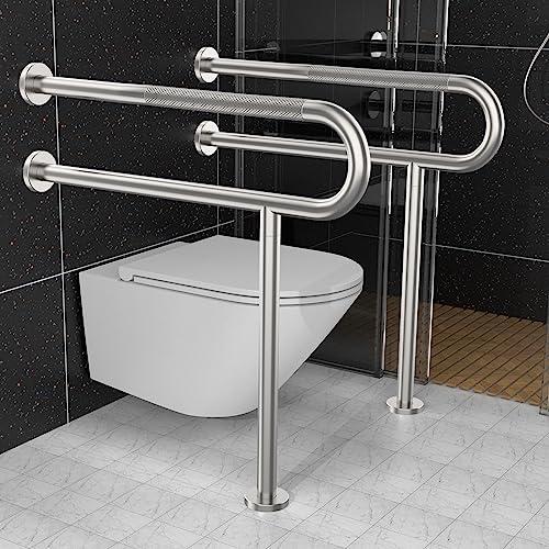 Munzong Toilet Support Rail 31.3X 31.5 Inch, Munzong Anti-Slip Satin Brushed Nickel Handicap Grab Bar for Bathroom, Stainless Steel Knurled Safety handrails with Leg for Elderly Disabled Pregnant-1.25Tube