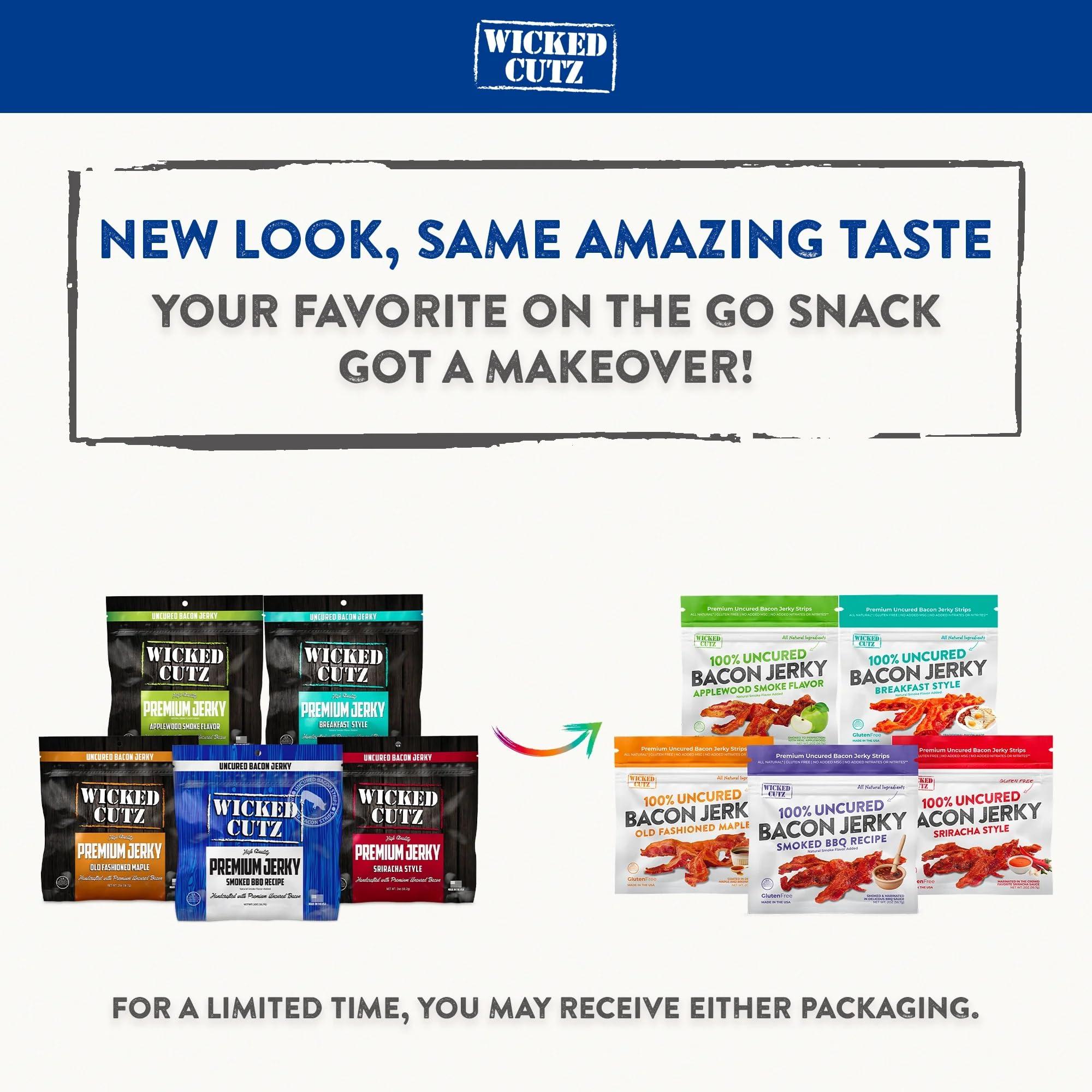 Wicked Cutz Bacon Jerky Variety Pack, Tender, Flavorful, Easy to Chew Bacon Jerky with up to 24g Protein Per Bag, Gift Basket for Men, Unique Gifts for Men, Food Gifts (5 Bags)