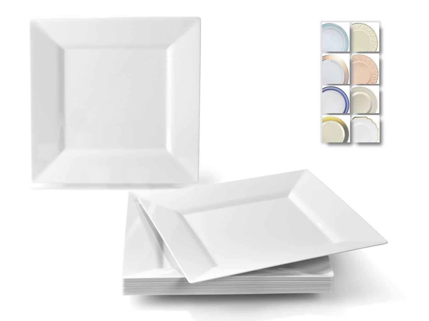 OCCASIONS FINEST PLASTIC TABLEWARE " OCCASIONS " 10 PACK 10.75'' Extra Large Dinner Plate, Wedding Disposable Heavyweight Plastic Square Plates (Square in White)