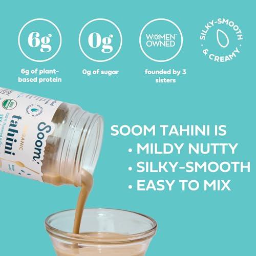 Soom Soom Foods Organic Tahini 11oz (2 Pack) | Roasted & Ground Sesame Seed Paste | Creamy Texture for Hummus, Sauces, Dips, Dressings | Vegan, Peanut-Free, Nut-Free, Gluten-Free, Dairy-Free, Keto, Paleo, Kosher | All-Natural