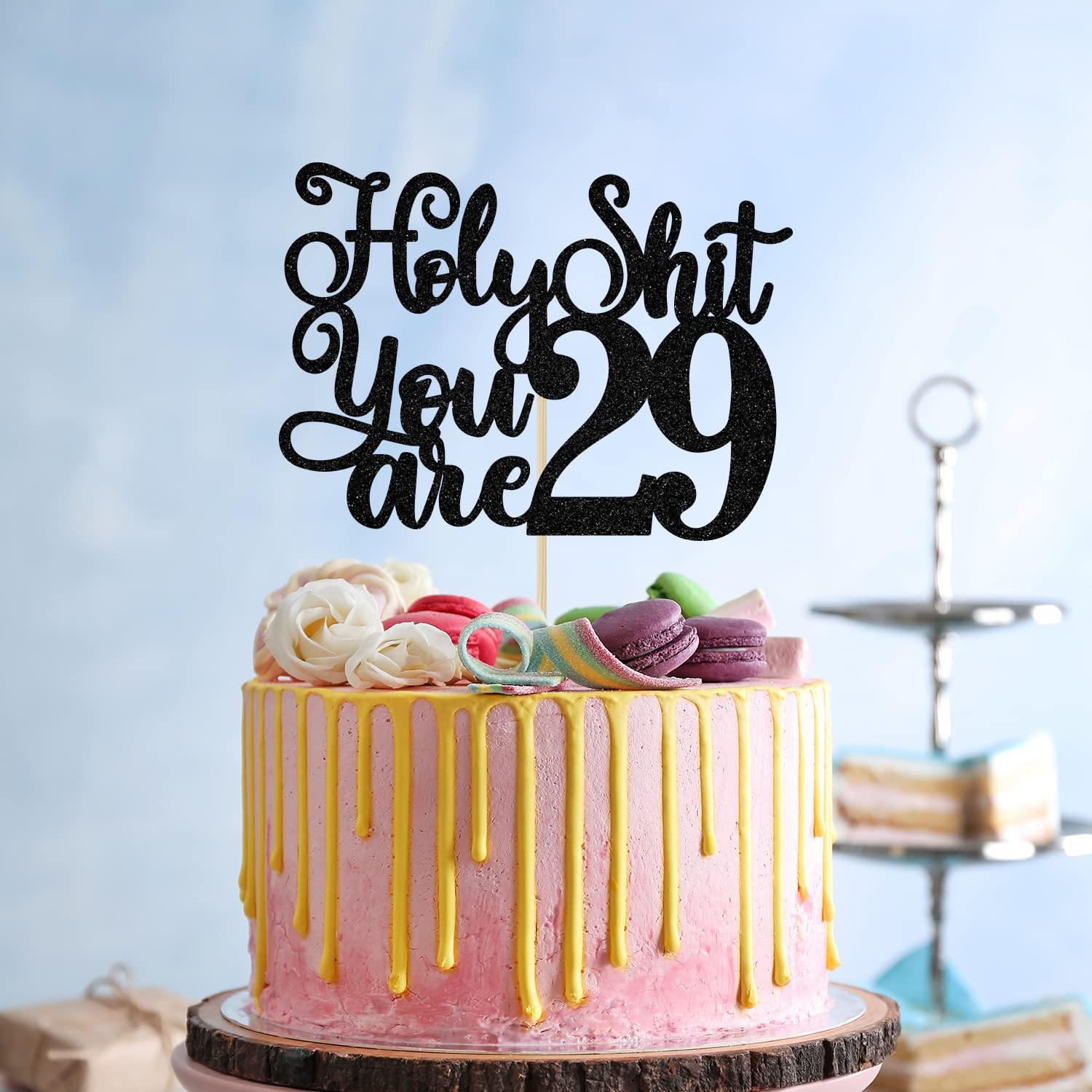 Jenrtvis Happy 29th Birthday Cake Topper, 29 & Feeling Fine, Cheers to 29 Years Cake Decorations, Funny 29th Birthday Decorations Men Women Black Glitter