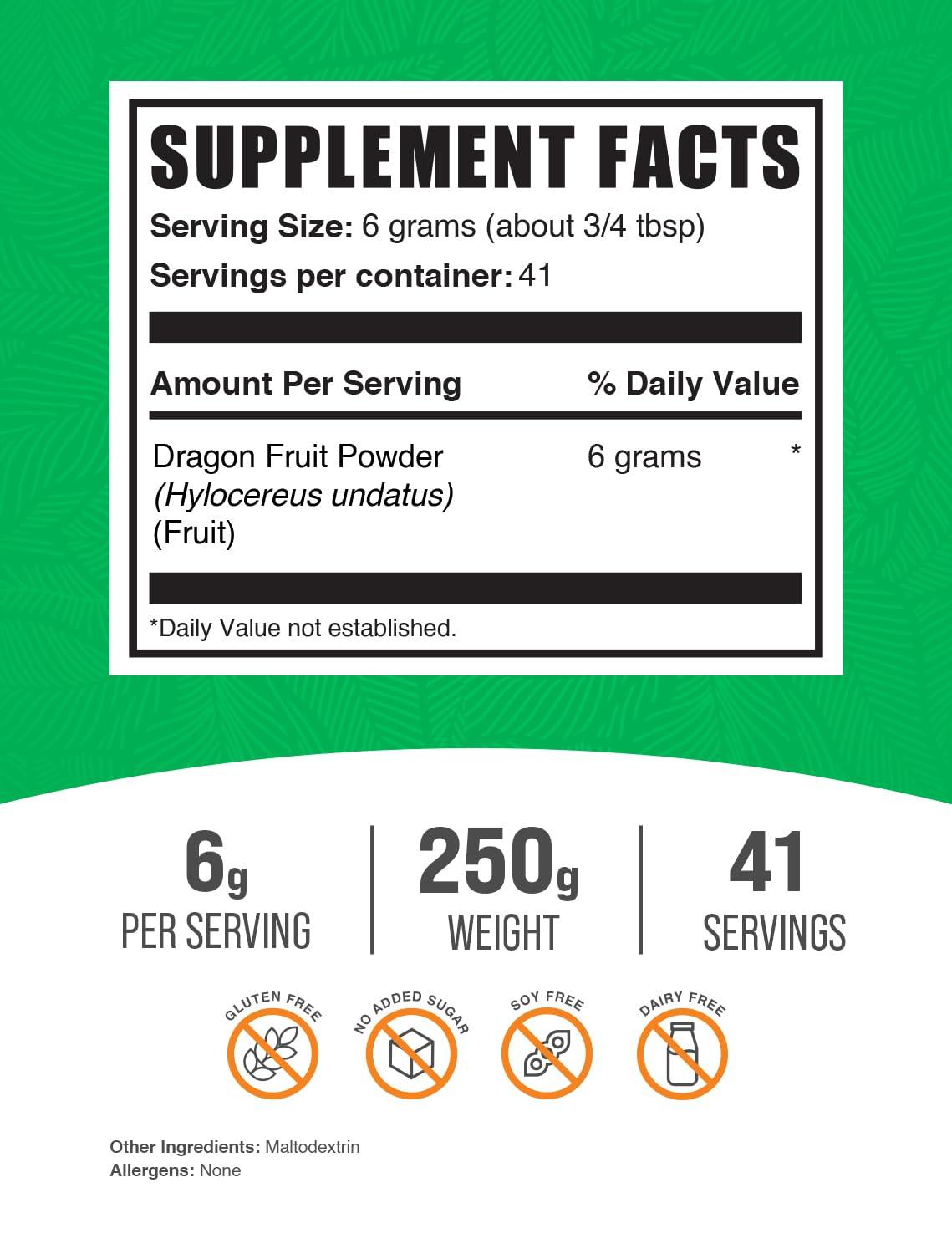 BulkSupplements BulkSupplements.com Dragon Fruit Powder - Dragon Fruit Supplement, Pink Pitaya Powder - Gluten Free, 6g per Serving, 250g (8.8 oz) (Pack of 1)