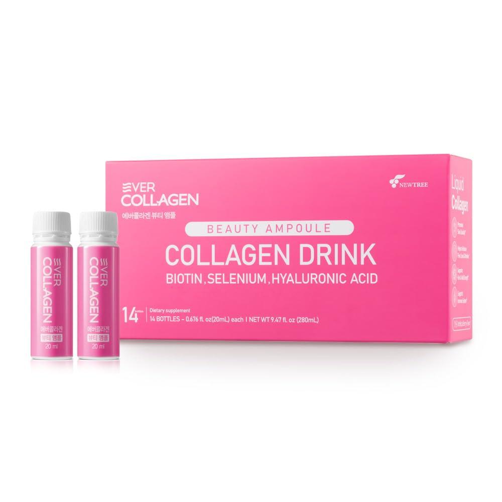EVER COLLAGEN EVER COLLAGEN Beauty Ampoule - Liquid Marine Multi Collagen Drink Low Molecular Collagen Peptitdes Drinkable Supplement for Hair, Skin, Nail (1 Bottle Per Day, 14 Bottles)