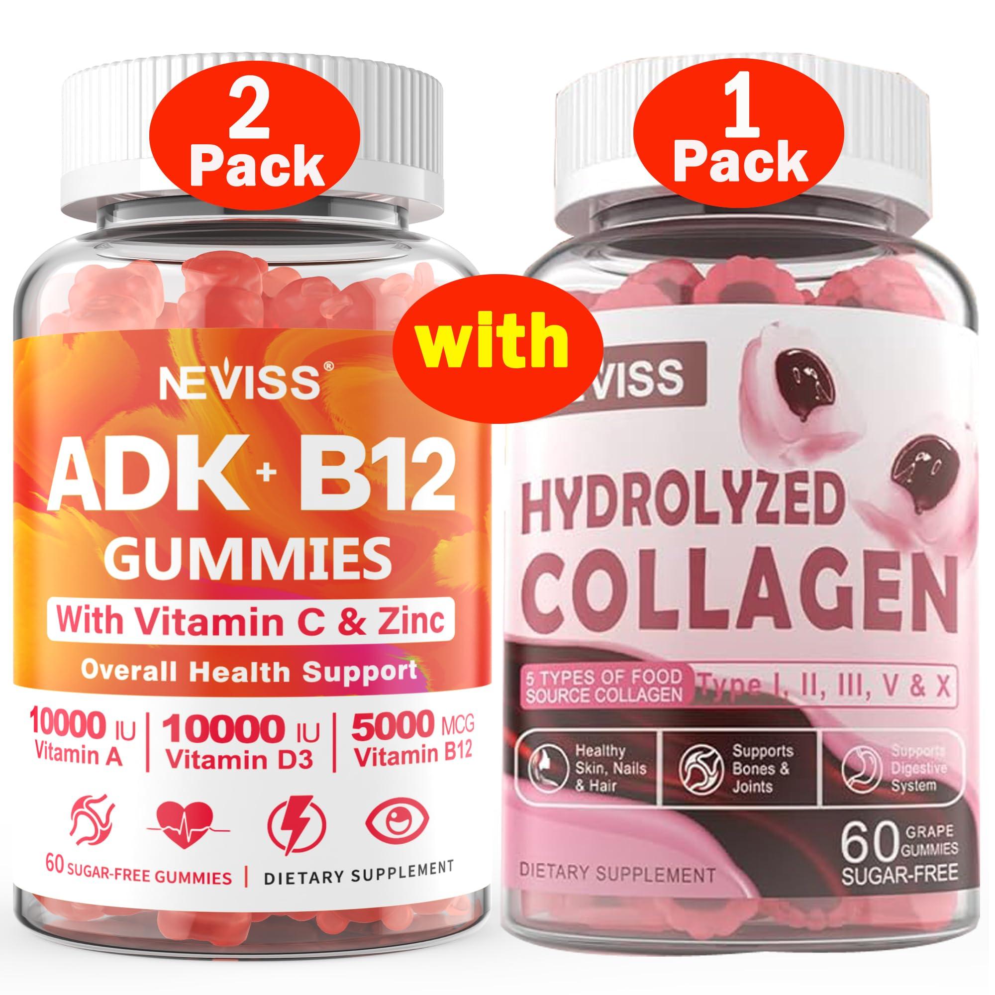 NEVISS NEVISS 2Pack Vitamin ADK with B12 Gummies+1Pack Hydrolyzed Collagen Gummies