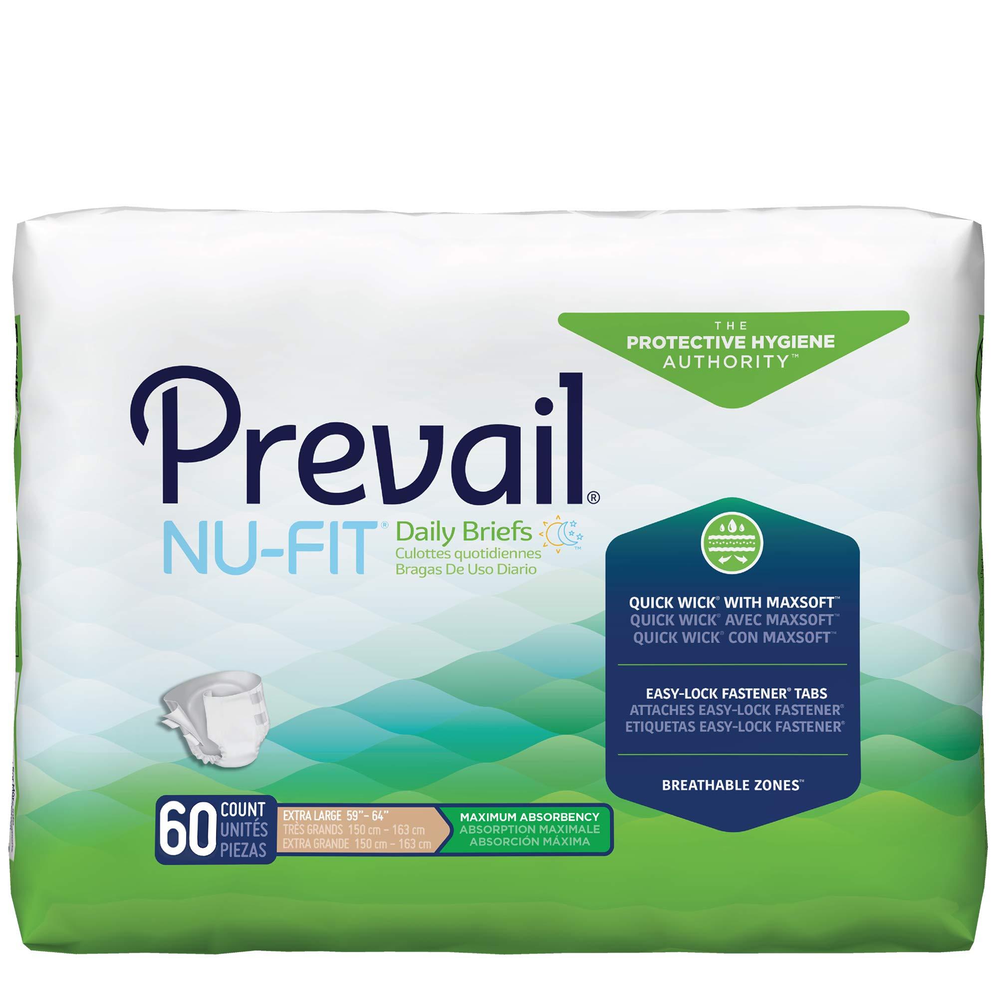 Prevail Prevail Nu-Fit Incontinence Briefs, Unisex Disposable Adult Diapers with Tabs for Men & Women, Maximum Absorbency, X-Large, 60 Count (4 Packs of 15)