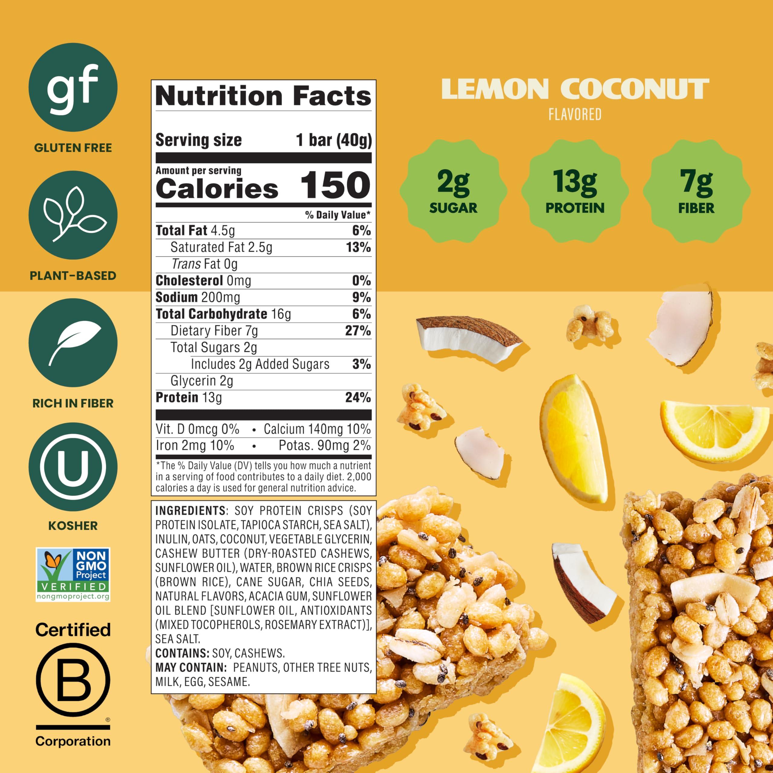 Simply Protein Simply Protein - Lemon Coconut Crispy Bars - Plant Based Protein Bars - Low Carb, Low Sugar, High Fiber - 12g Protein, 2g Sugar, 7g Fiber - Vegan, Gluten Free, Non GMO, Kosher - 24 Bars