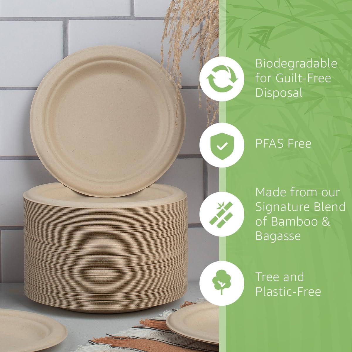 ibambo ibambo 500 Pack Disposable Bamboo Paper Plates (7 inch) - Sturdy & Heavy Duty | PFAS Free, Biodegradable & Compostable | Microwave Safe, FSC Certified Alternative to Plastic