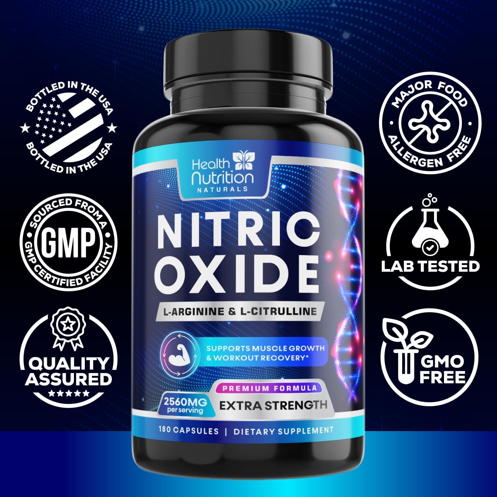 Health Nutrition Naturals Extra Strength Nitric Oxide Supplement L Arginine 3X Strength - Citrulline Malate, AAKG, Beta Alanine - Premium Muscle Supporting Nitric Booster for Energy & Strength to Train Harder - 180 Capsules