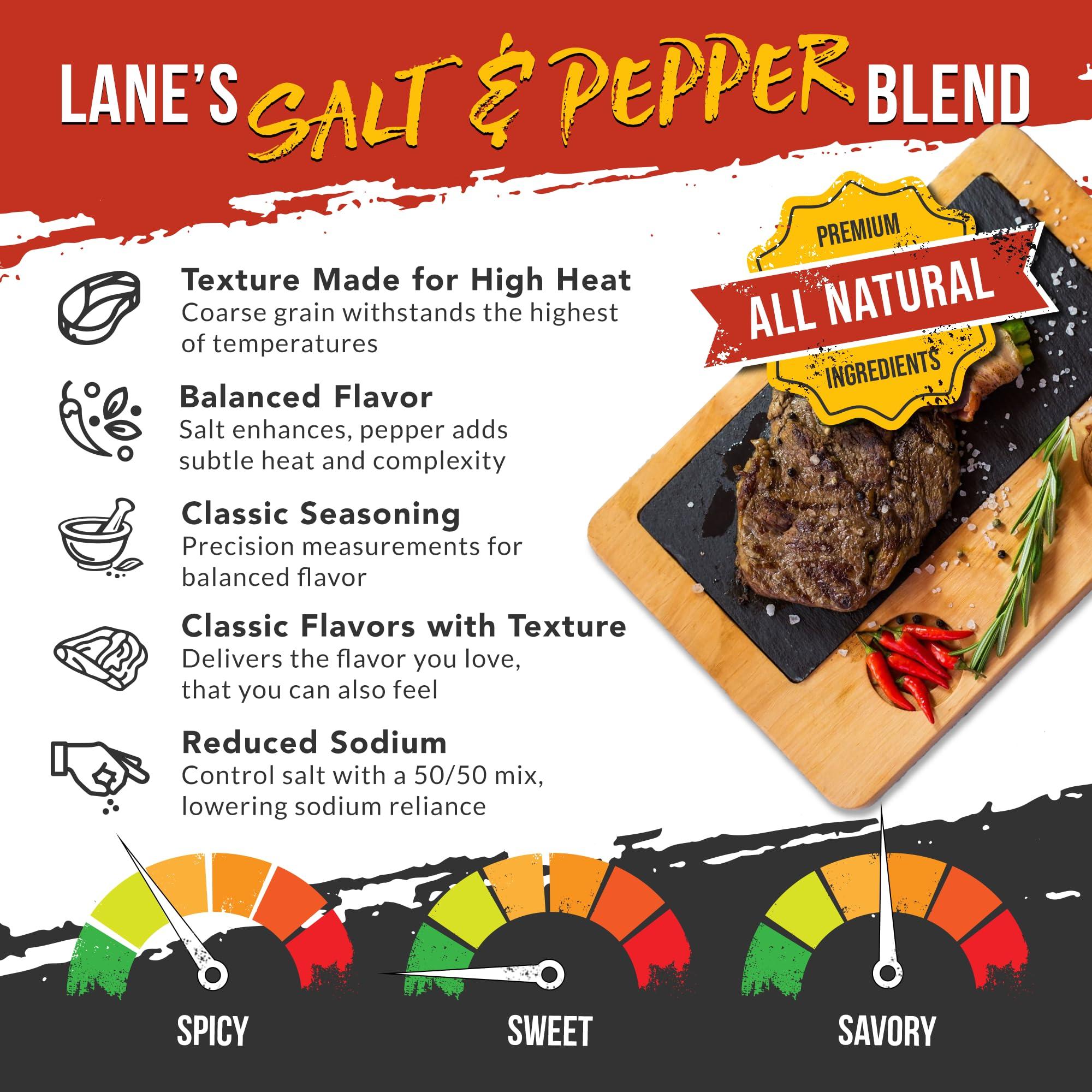 Lane's Lane\'s 50/50 Salt and Pepper Seasoning, All-Natural Salt & Pepper Spice, 16 Mesh Coarse Black Pepper Seasoning Salt, Gluten-Free, Made in USA, 12 Oz