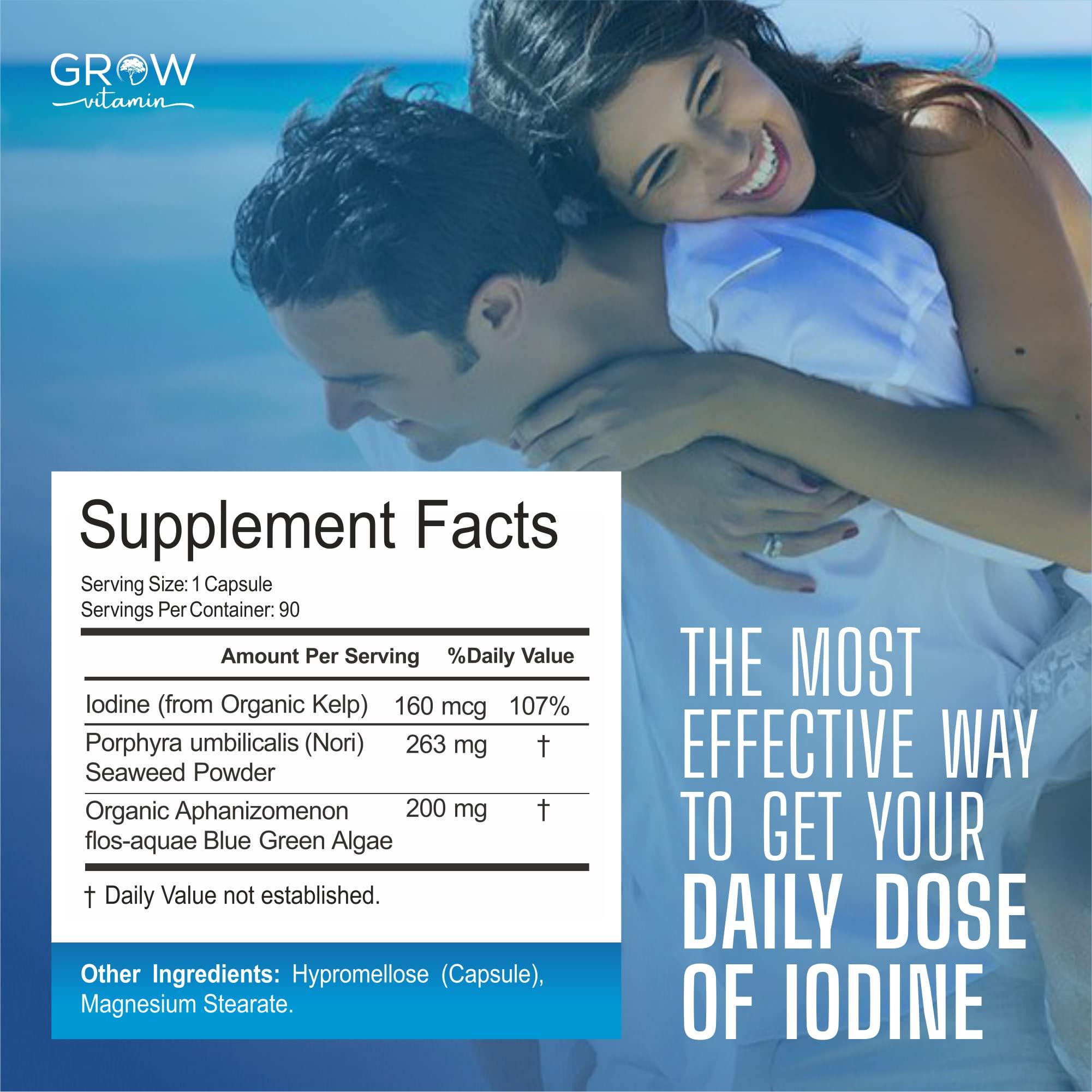 grow vitamin Organic Sea Kelp (Icelandic) Enhanced - Pure Healthy Thyroid Support Natural Iodine Supplement w/Organic Sea Kelp, Blue-Green Algae & Red Algae - Immune System & Metabolism Support - 90 Capsules