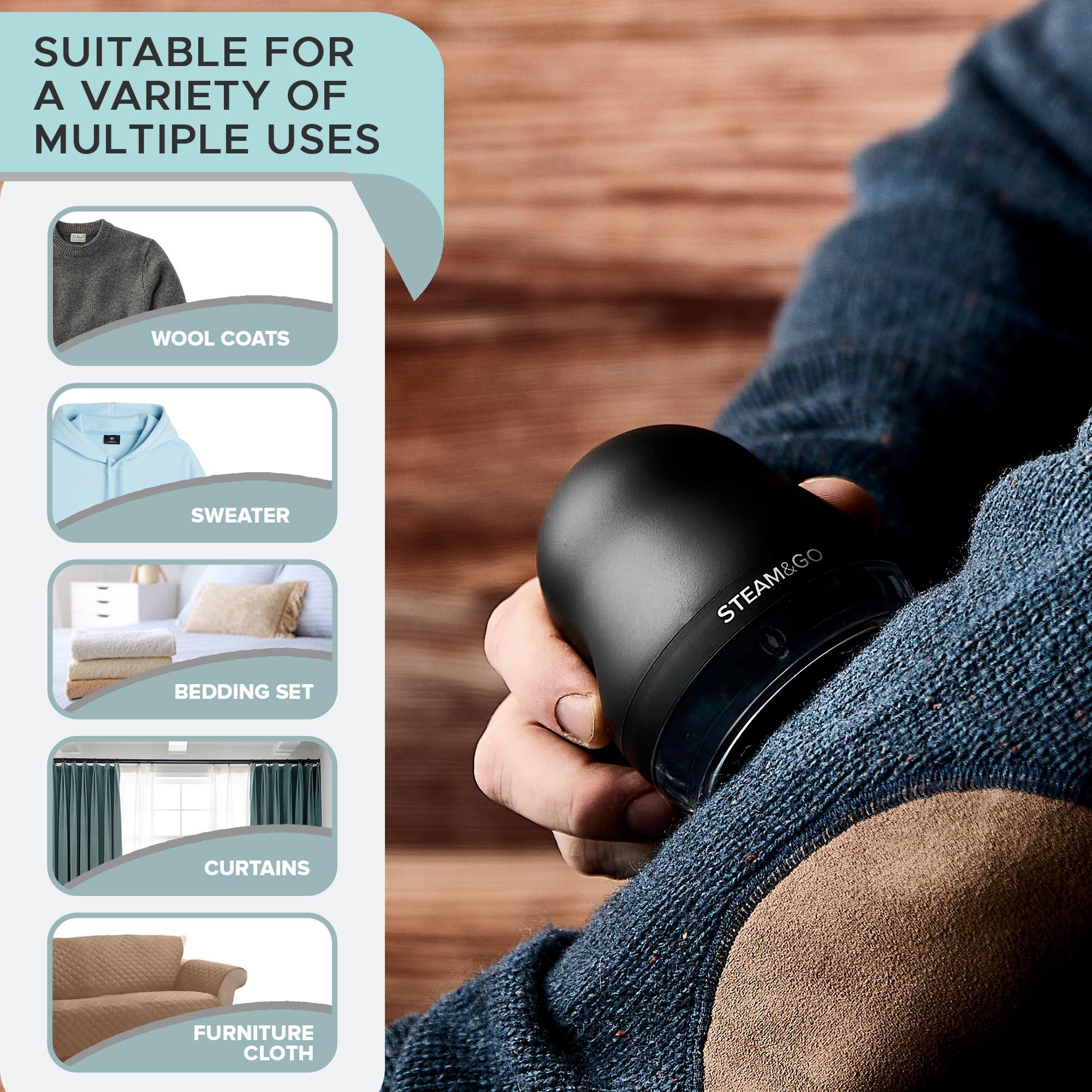 Steam and Go Steam & Go - Fabric Defuzzer, Rechargeable Fabric Shaver and Lint Remover, Portable Sweater Shavers to Remove Pilling, Fuzz, and Fluff, Lint Remover for Clothes and Beddings, Easy to Use Black