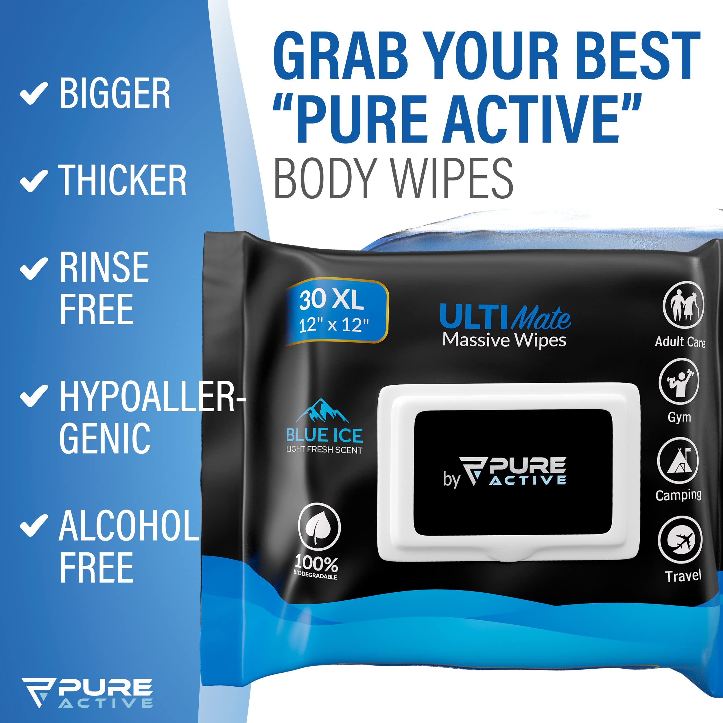 Pure Active Pure Active XXL Body Wipes for Face and Body, Deodorizing Men\'s Shower Wipes for Camping, Travel, and After Workout, 12x12 Blue Ice Scented 30 Pack