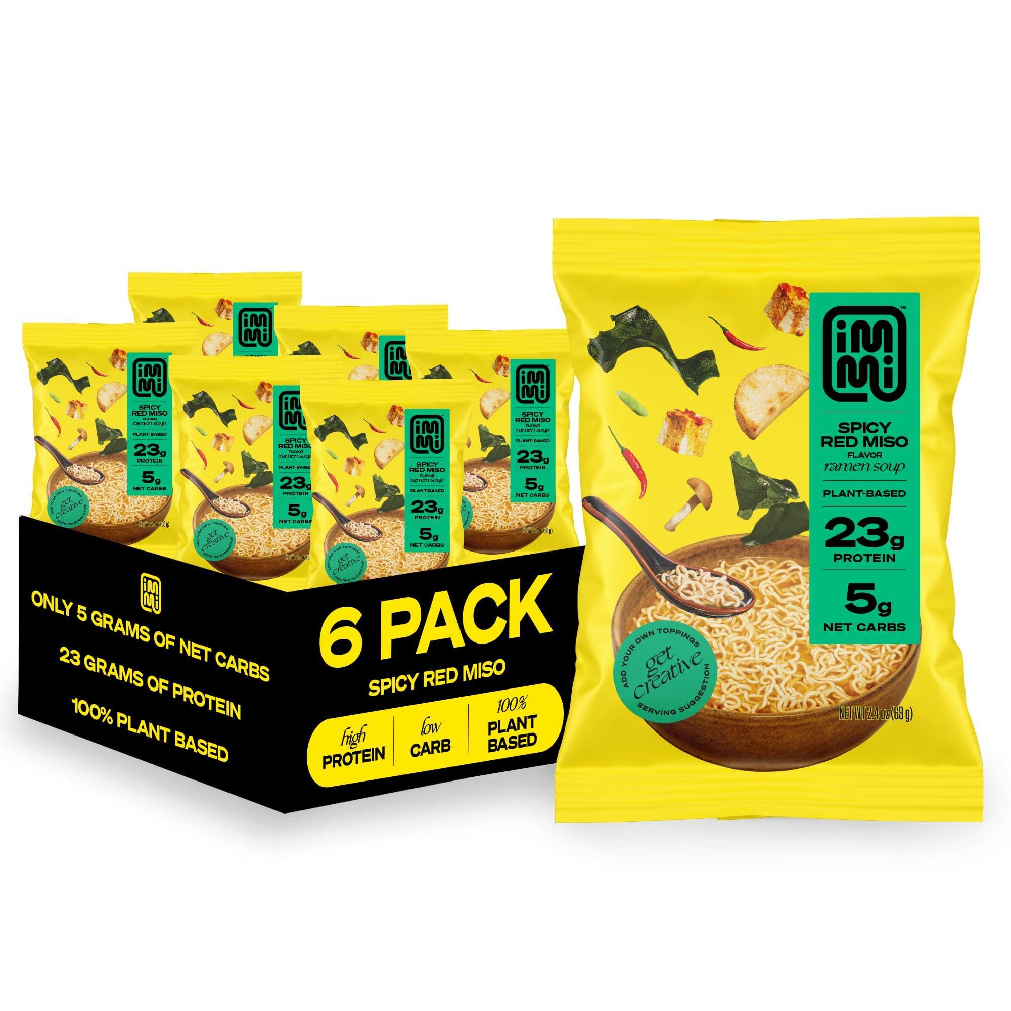 immi immi Spicy Red Miso Ramen, 100% Plant Based, Keto Friendly, Low Carb, High Protein, Packaged Noodle Meal Kit, Ready to Eat, 6 Pack