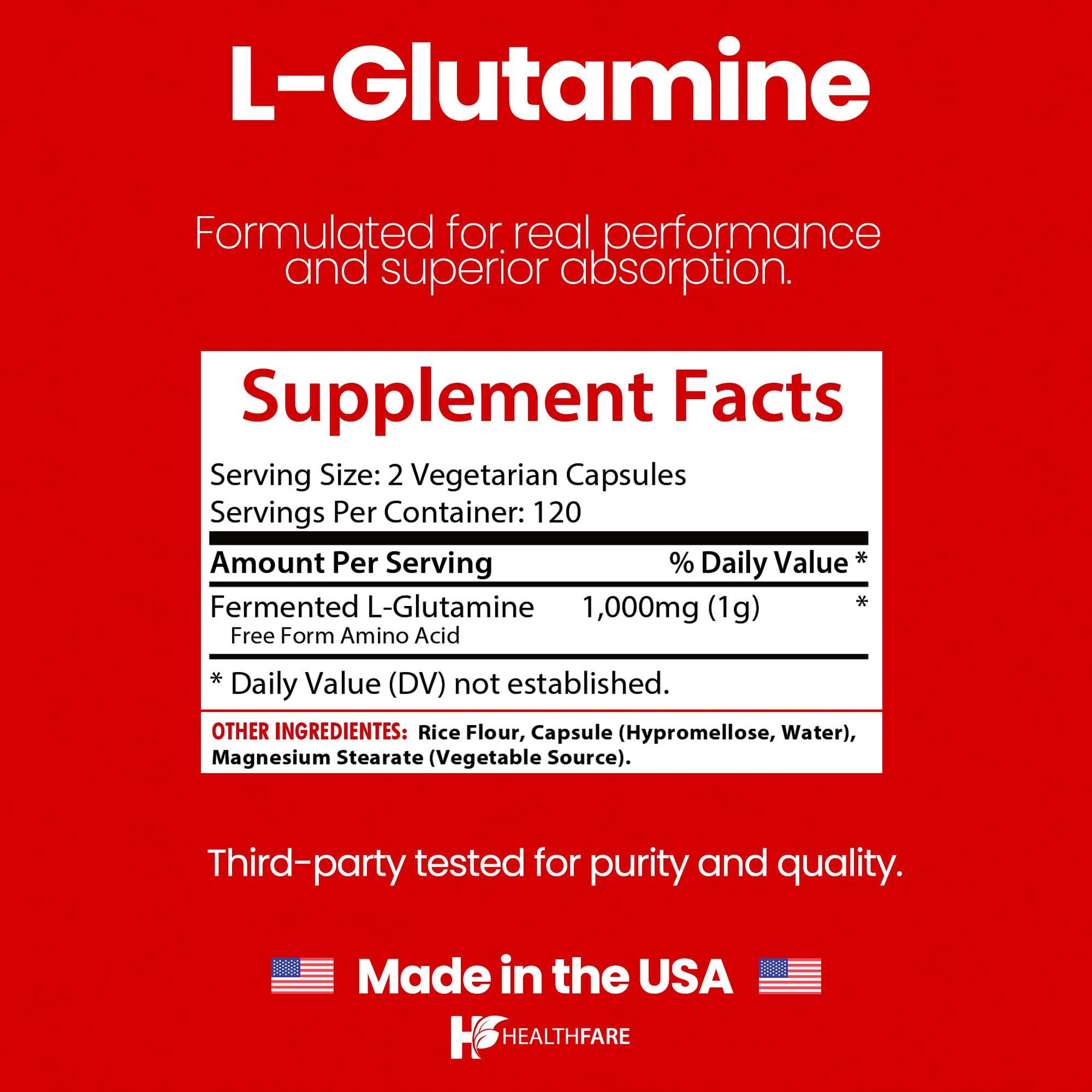 Healthfare HealthFare L-Glutamine 1000mg Capsules | 240 Capsules | Amino Acid Fuel for Gut & Muscle Health | Non-GMO | Gluten-Free | Support for Recovery & Wellness | Made in The USA