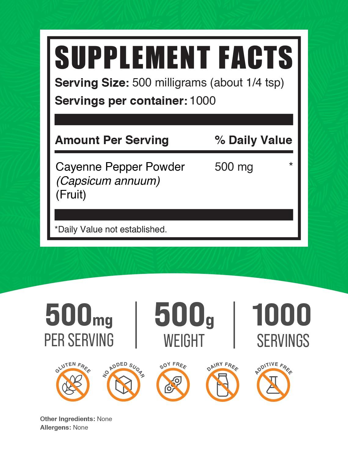 BULKSUPPLEMENTS.COM BulkSupplements.com Cayenne Pepper 40000 HU Powder - Capsaicin Supplements, Cayenne Pepper Supplements, Cayenne Pepper Powder - Gluten Free, 500mg per Serving, 500g (1.1 lbs) (Pack of 1)