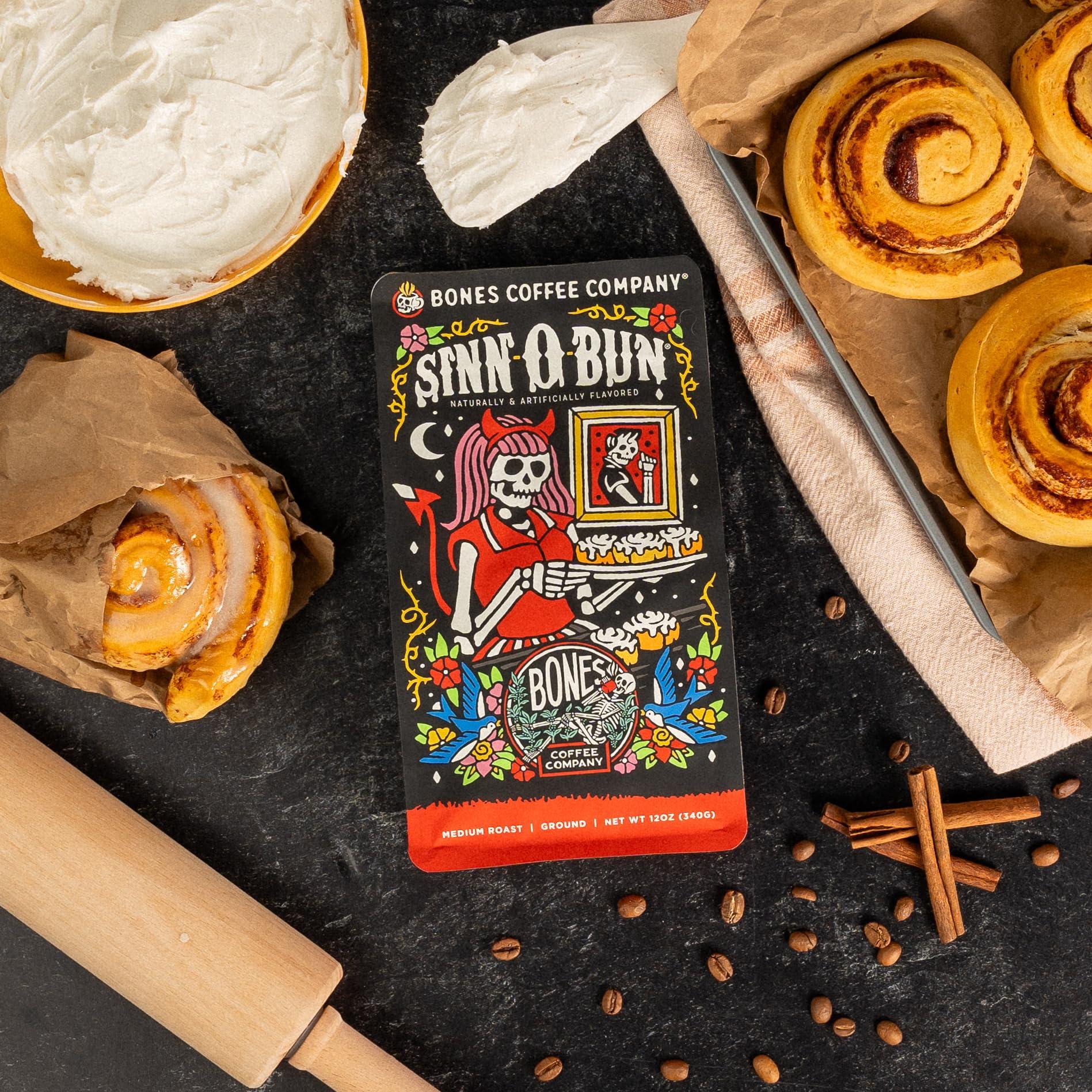 Bones Coffee Company Bones Coffee Company Sinn \'O\' Bun Flavored Coffee Beans, Medium Roast Ground Coffee Low Acid, Cinnamon Bun Flavor (12 oz)