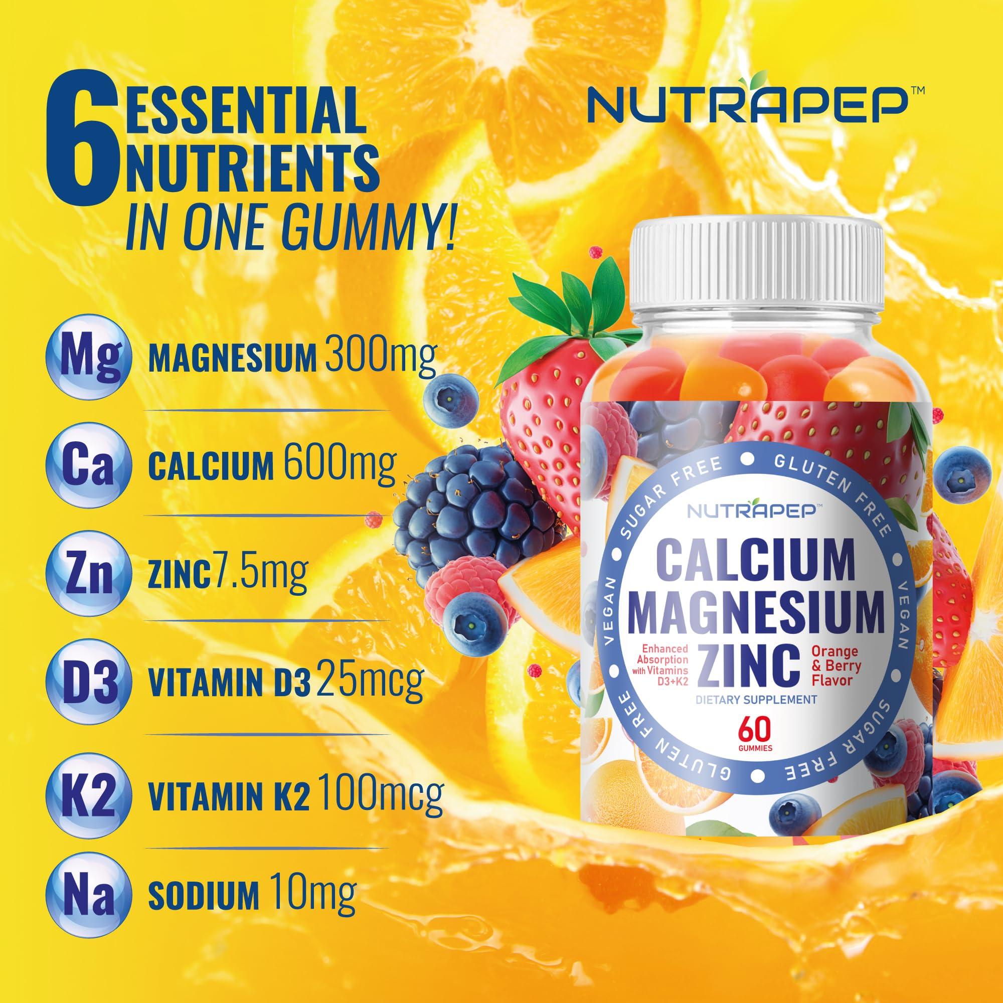 NutraPep Calcium Magnesium Zinc Supplement Gummies - with Vitamin D3 K2 Magnesium Glycinate - Orange Berry Flavored Vegan Sugar-Free Gluten Free Chewable for Men Women Kids