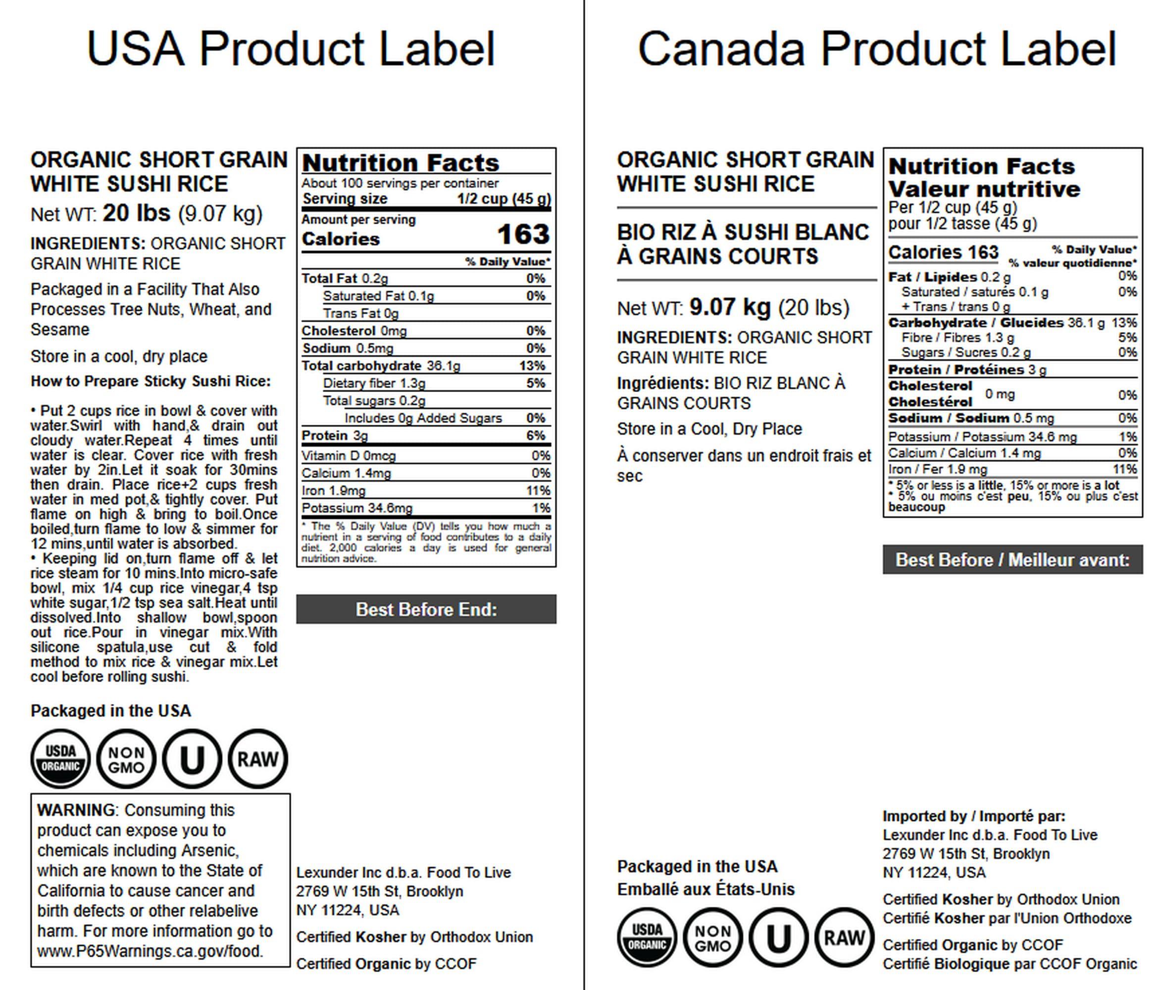 Food to Live Food to Live Organic Short Grain White Sushi Rice, 20 Pounds Non-GMO Japanese Style Perfectly Sticky Rice, Vegan, Bulk. Easy to Cook. Great as a Side Dish. Perfect for Sushi, Salads, and Desserts