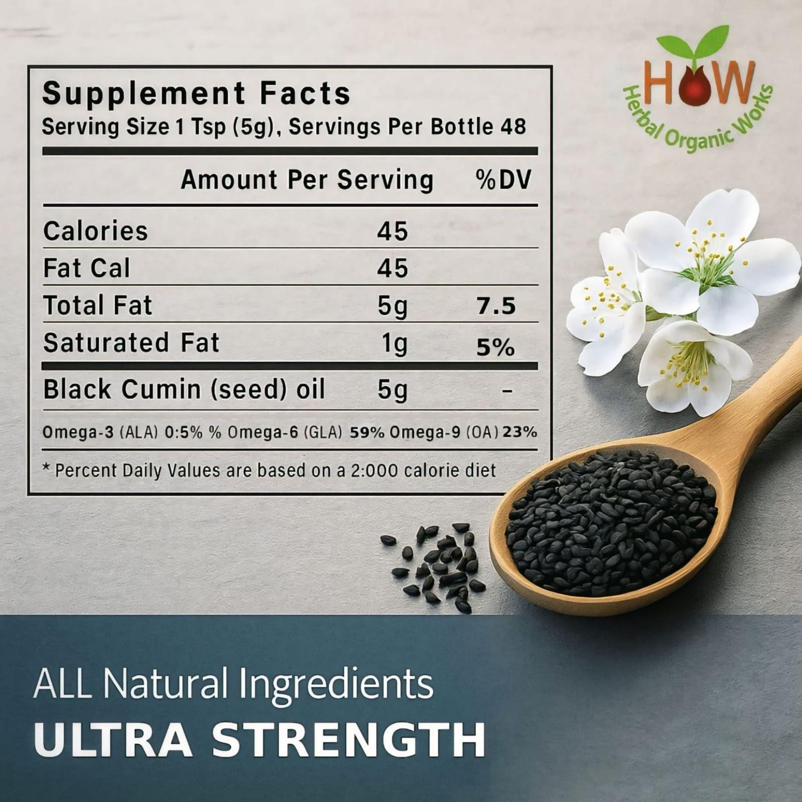 Herbal Organic Works Black Seed Oil 8oz. 100% Ethiopian Pure Black Cumin Seed Oil, 100% Natural Nigella Sativa. 3 Times More Thymoquinone, Cold Pressed in Glass Bottle