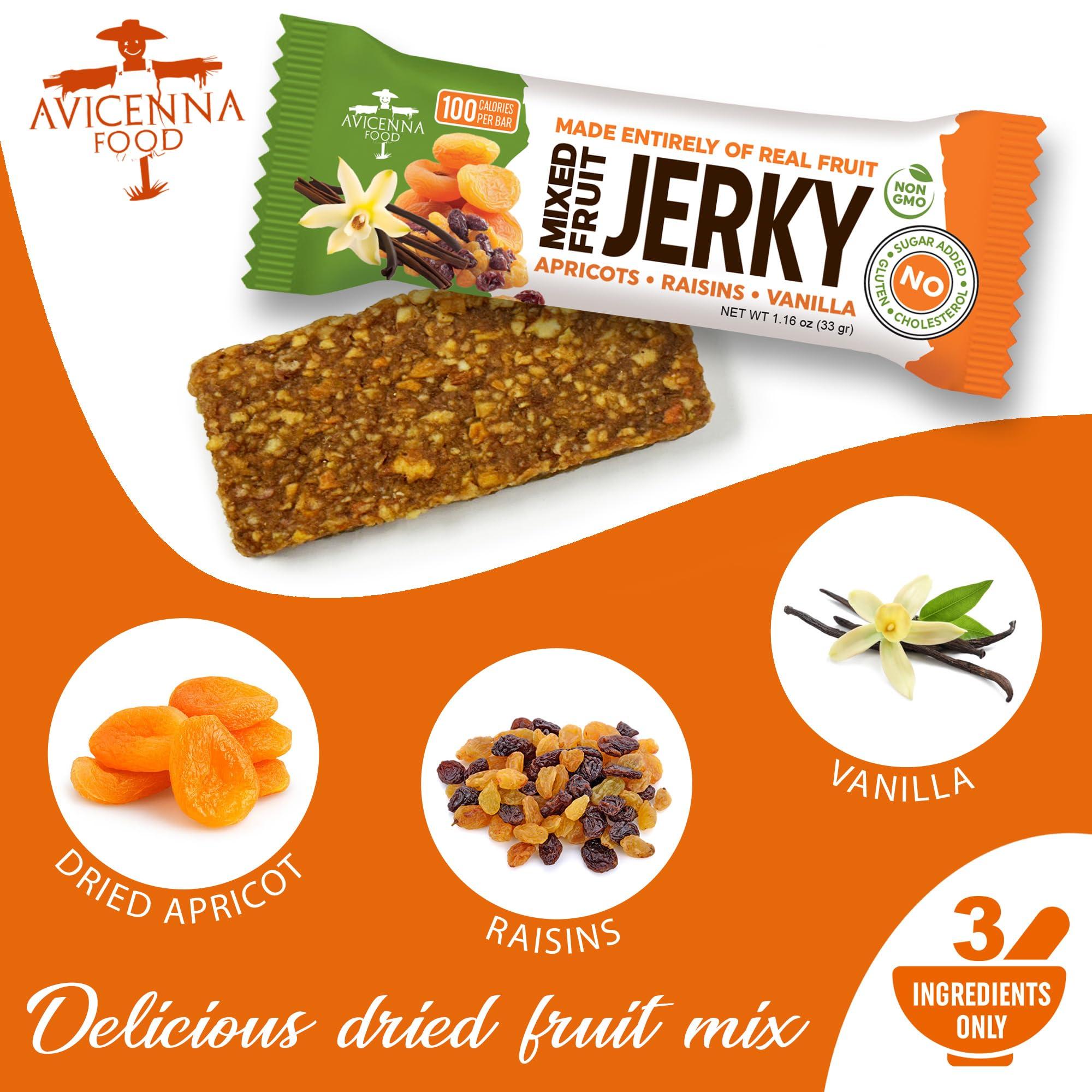 AVICENNA FOOD AVICENNA FOOD Dried Fruit Jerky Bars, Raisin Apricot and Vanilla, 12-Pack - No Sugar Added, Gluten Free Candy Bar, natural Snack with High Fiber, Healthy Treats, Mixed Fruits, Vegan Candy Bars