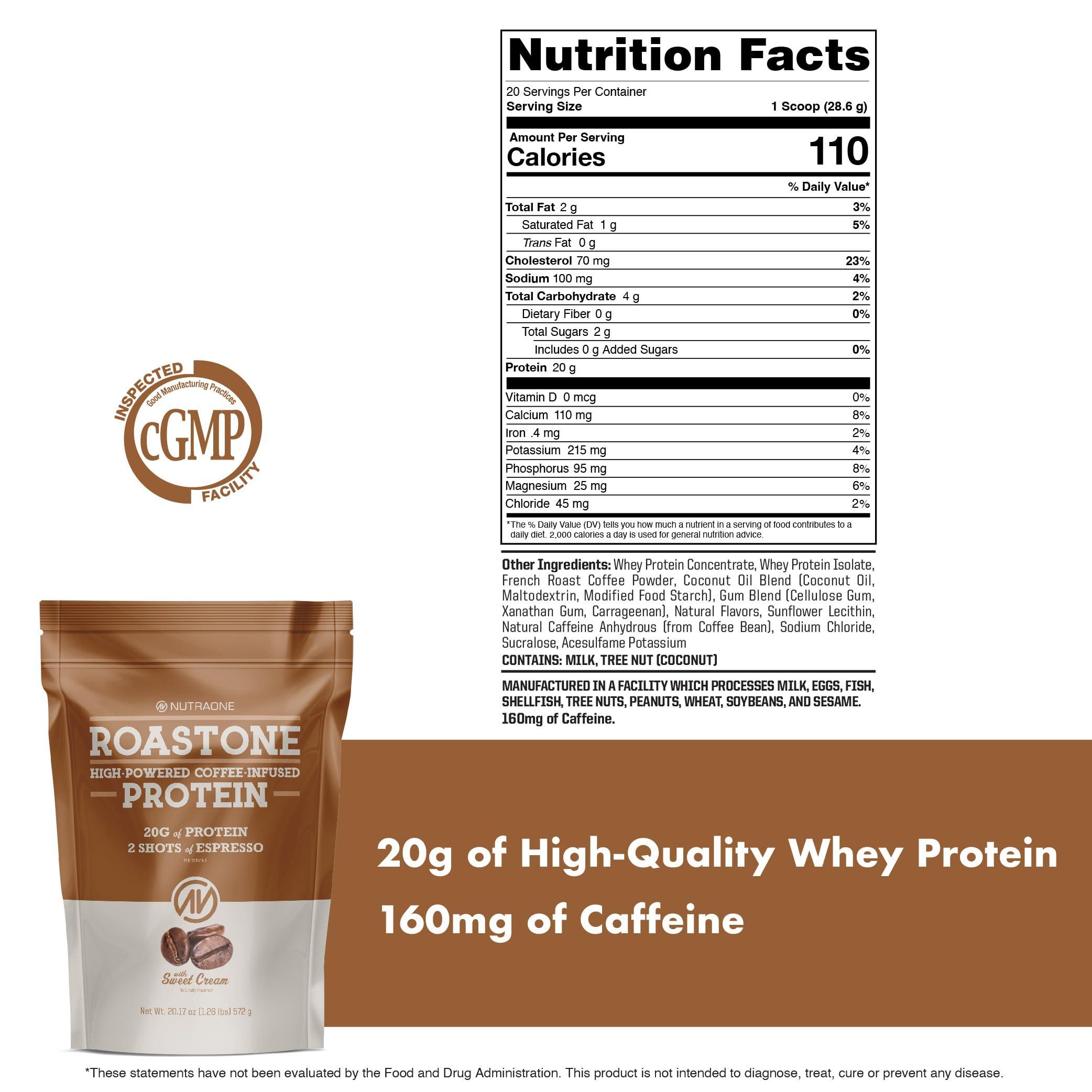 NutraOne Nutrition NutraOne RoastOne Coffee Protein Powder Coffee Infused Whey Protein Powder for Energy & Focus, 160mg Caffeine and 20g Protein (Sweet Cream 1.35 lbs.)