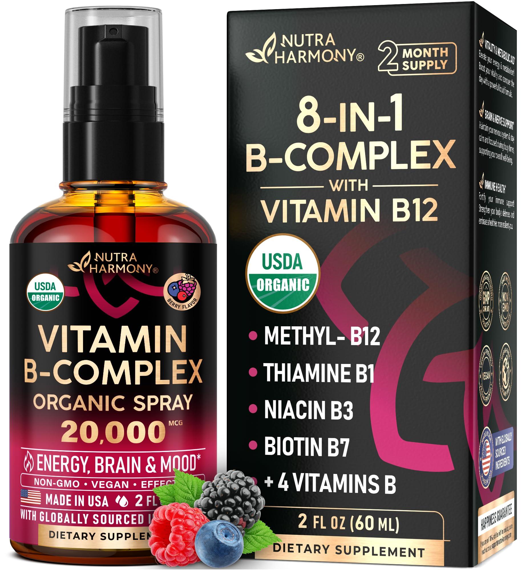 NUTRAHARMONY USDA Organic Vitamin B-Complex Liquid Spray 8-in-1 - B5 Pantothenic Acid | B12 Methylcobalamin | B1 Thiamine | B6 Pyridoxine | B7 Biotin | B9 Folic | B3 Niacinamide - Made in USA Supplement, 2fl oz