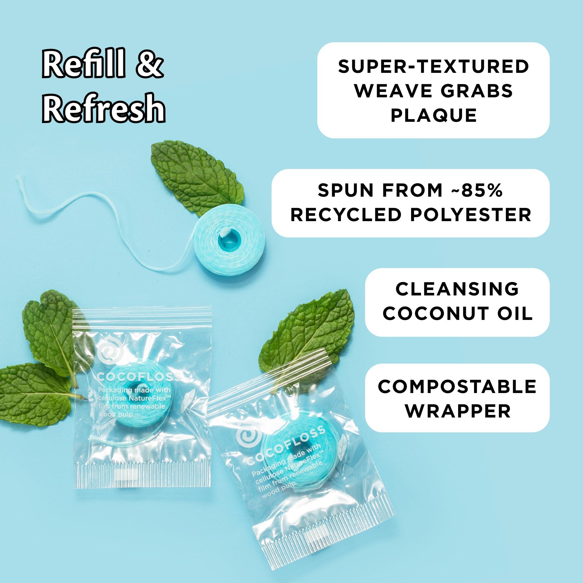 Cocofloss Cocofloss Woven Dental Floss, Refills Set, Dentist-Designed Oral Care, Mint, Waxed, Expanding, Vegan, Kid-Friendly String Floss with Coconut Oil, 3 Refill Spools (33 yd Each)