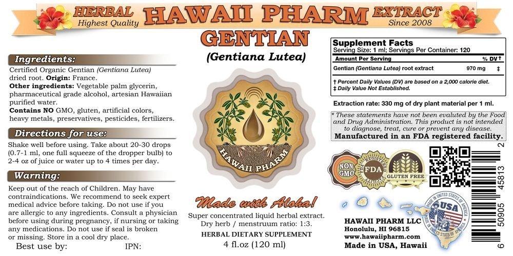 HawaiiPharm Gentian Liquid Extract, Organic Gentian (Gentiana Lutea) Tincture Supplement 4x4 oz