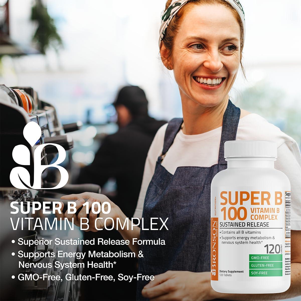 Bronson Bronson Vitamin B 100 Complex High Potency Sustained Release (Vitamin B1, B2, B3, B6, B9 - Folic Acid, B12), 60 Tablets