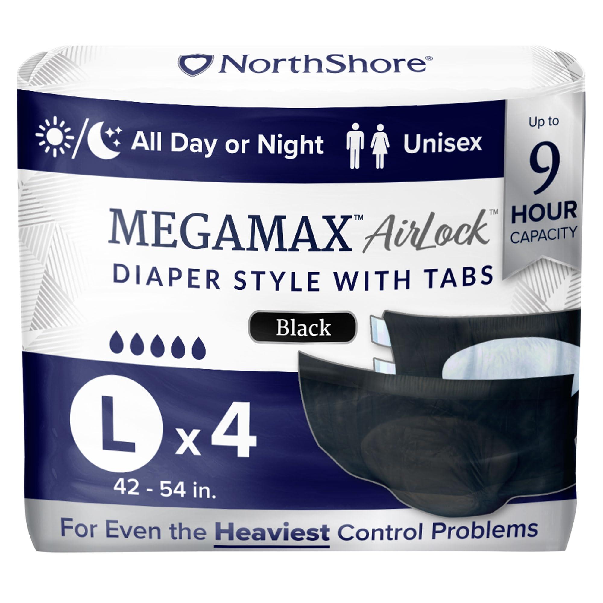 NorthShore NorthShore MegaMax AirLock Breathable 9-Hour Heavy-Duty Tab-Style Adult Diapers, Large, Trial Pack of 4, Black, 42-54 inches, Unisex Incontinence Underwear