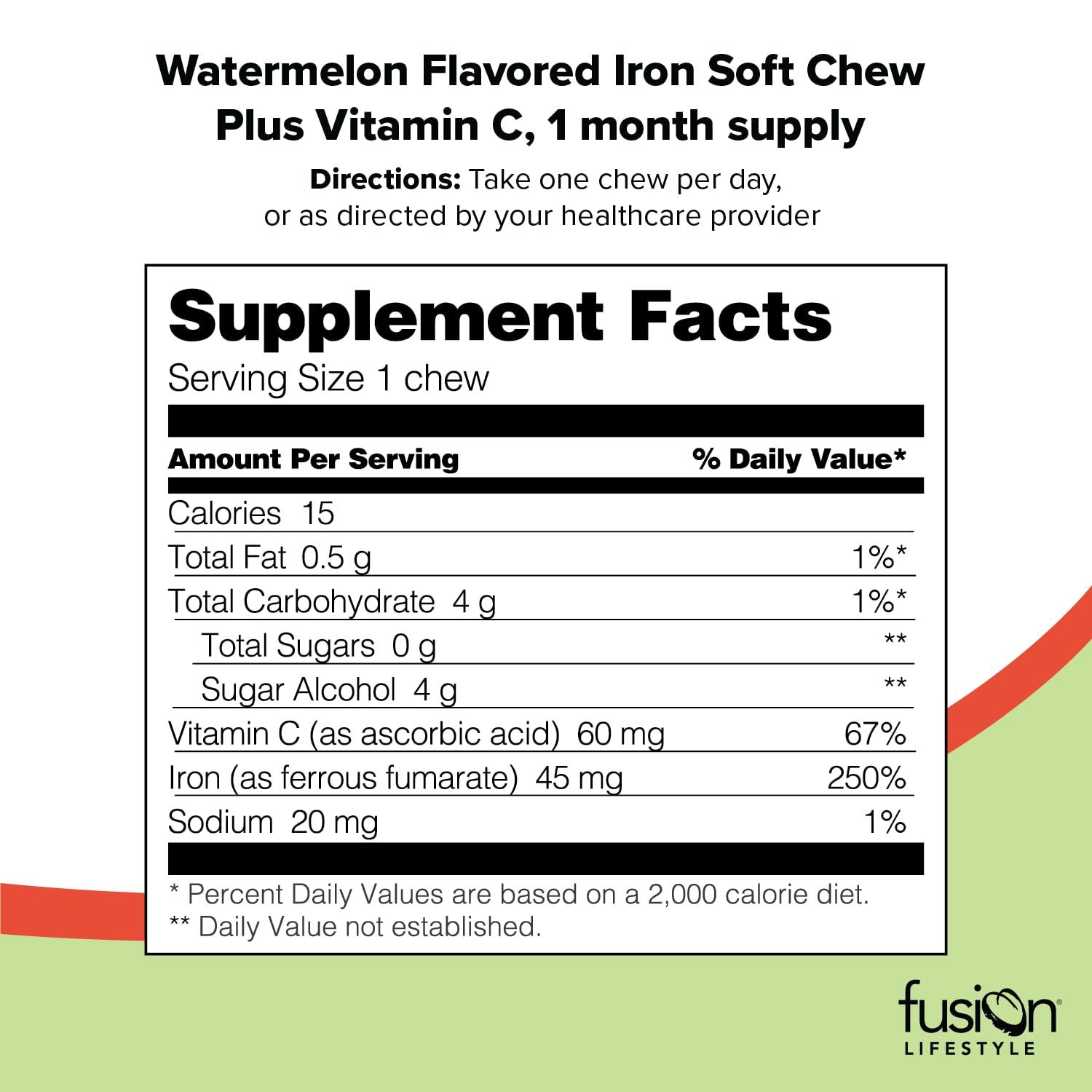 Fusion Lifestyle Fusion Lifestyle Iron Supplement for Women and Men, Watermelon Flavored Iron Soft Chew Plus Vitamin C for Iron Deficiency and Anemia, 1 Month Supply, 30 Count