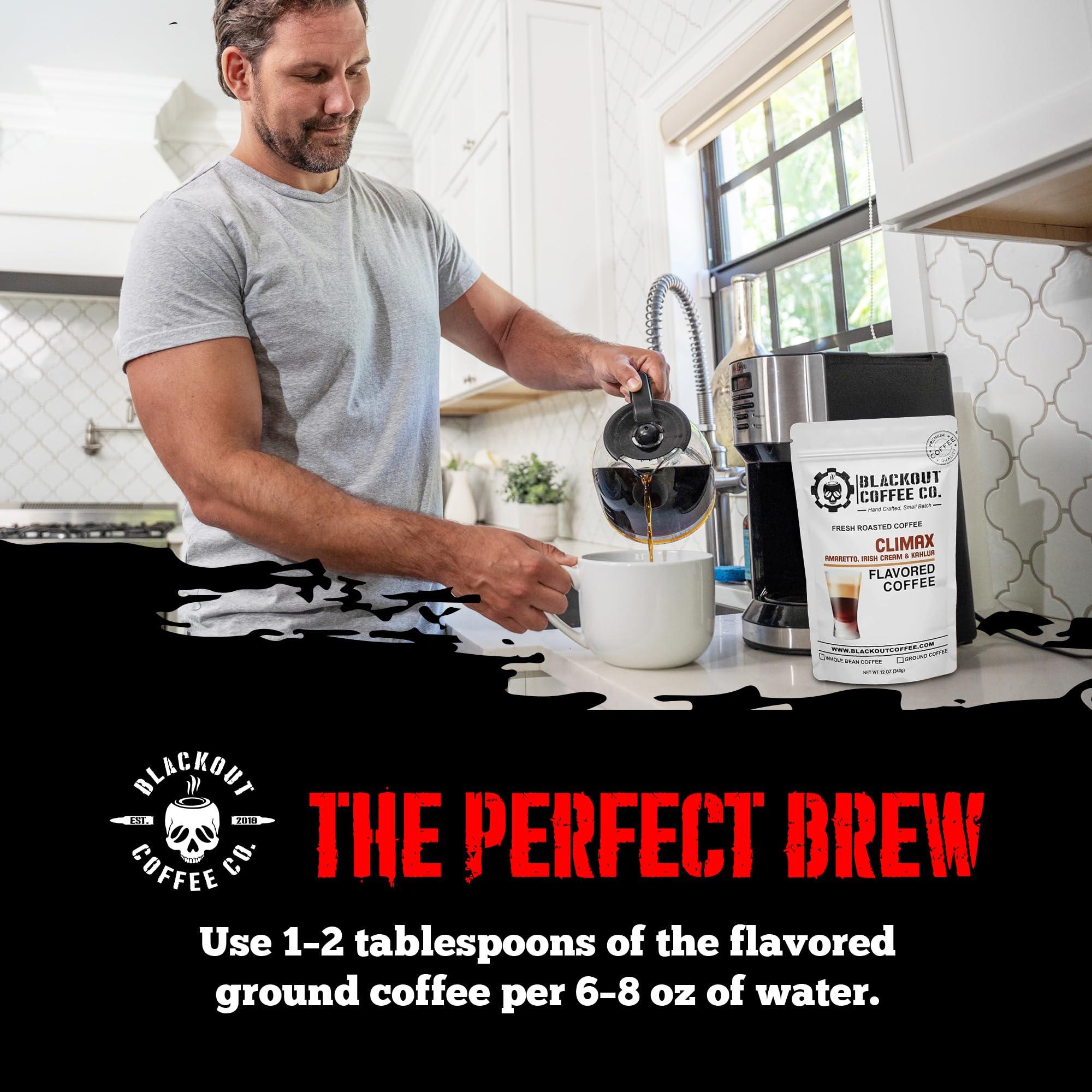 Blackout Coffee Co. Blackout Coffee Climax Amaretto, Irish Cream & Kahlua Flavored Ground Coffee, Medium Roast - Ground Coffee, Fresh Roasted In the USA,12 oz Pouch