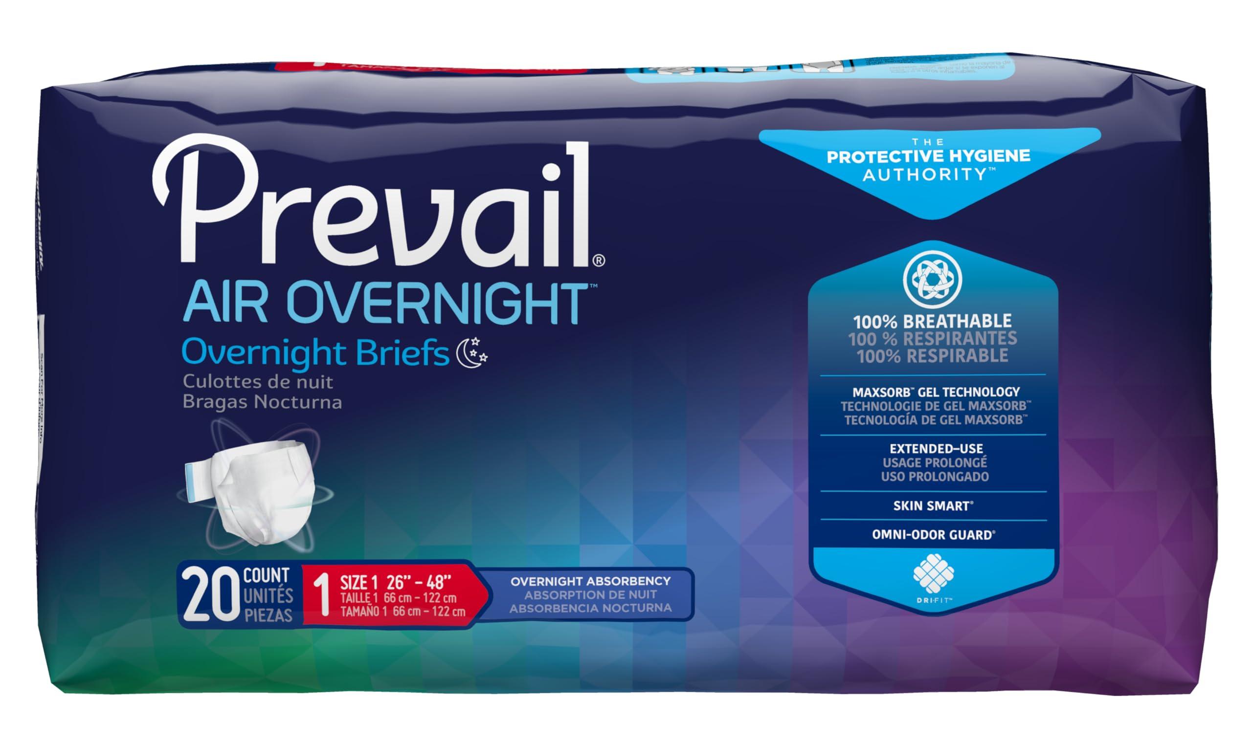Prevail Prevail AIR Overnight Incontinence Briefs - Unisex Adult Incontinence Briefs with Tabs - Disposable Adult Diaper for Men& Women - Overnight Absorbency - Size 1, 80 Count (4 Packs of 20)