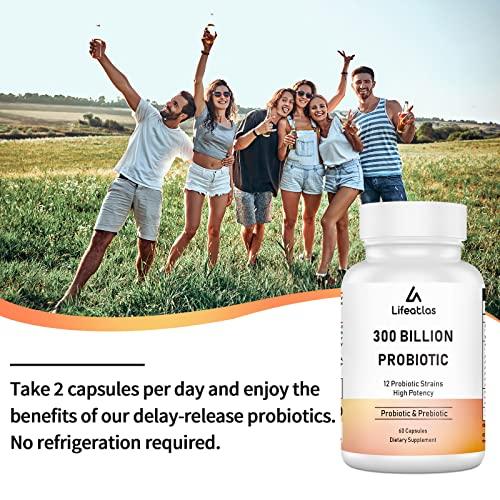 Lifeatlas 300 Billion CFU Probiotics - Probiotics for Women and Men, 12 Probiotic Strains Plus Prebiotic, for Immune & Digestive, Gut Health, Gas Bloating, Shelf Stable - 60 Capsules