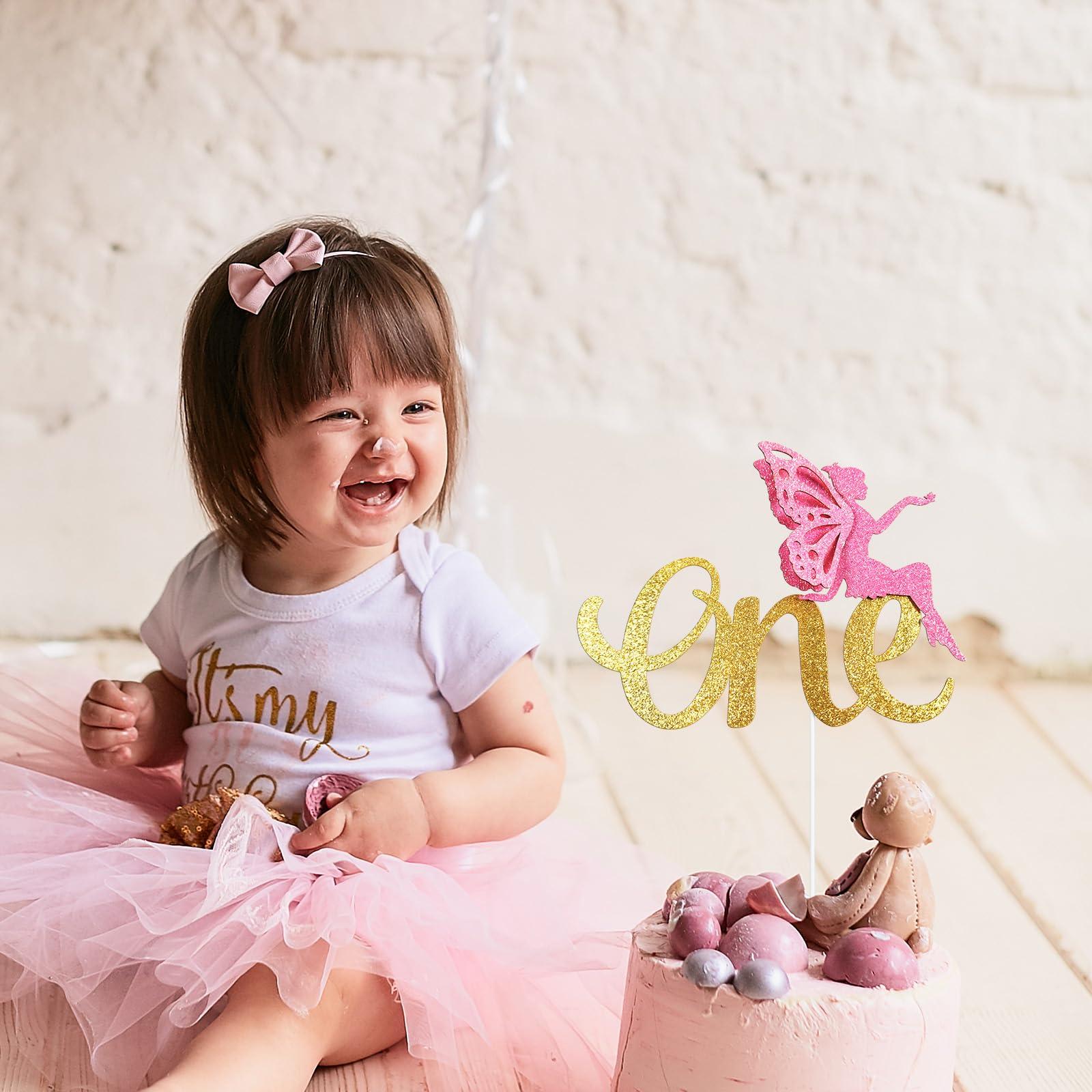 Firefairy One Cake Topper, Fairy First Birthday Cake Topper, Fairy Themed First Birthday Cake Decor, First Birthday Cake Picks for Baby Girl, Gold Pink Glitter